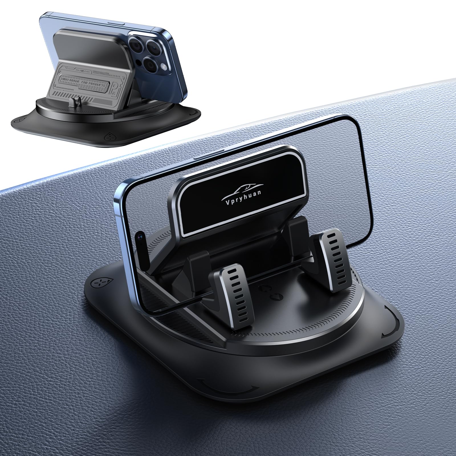Vpryhuan 360 Degree Rotation Dashboard Phone Holder For Car, Anti-Slip Grips & One-Hand Operation Car Cell Phone Mount With Adjustable Spring Clip, Compatible With Iphone Samsung All Smartphones