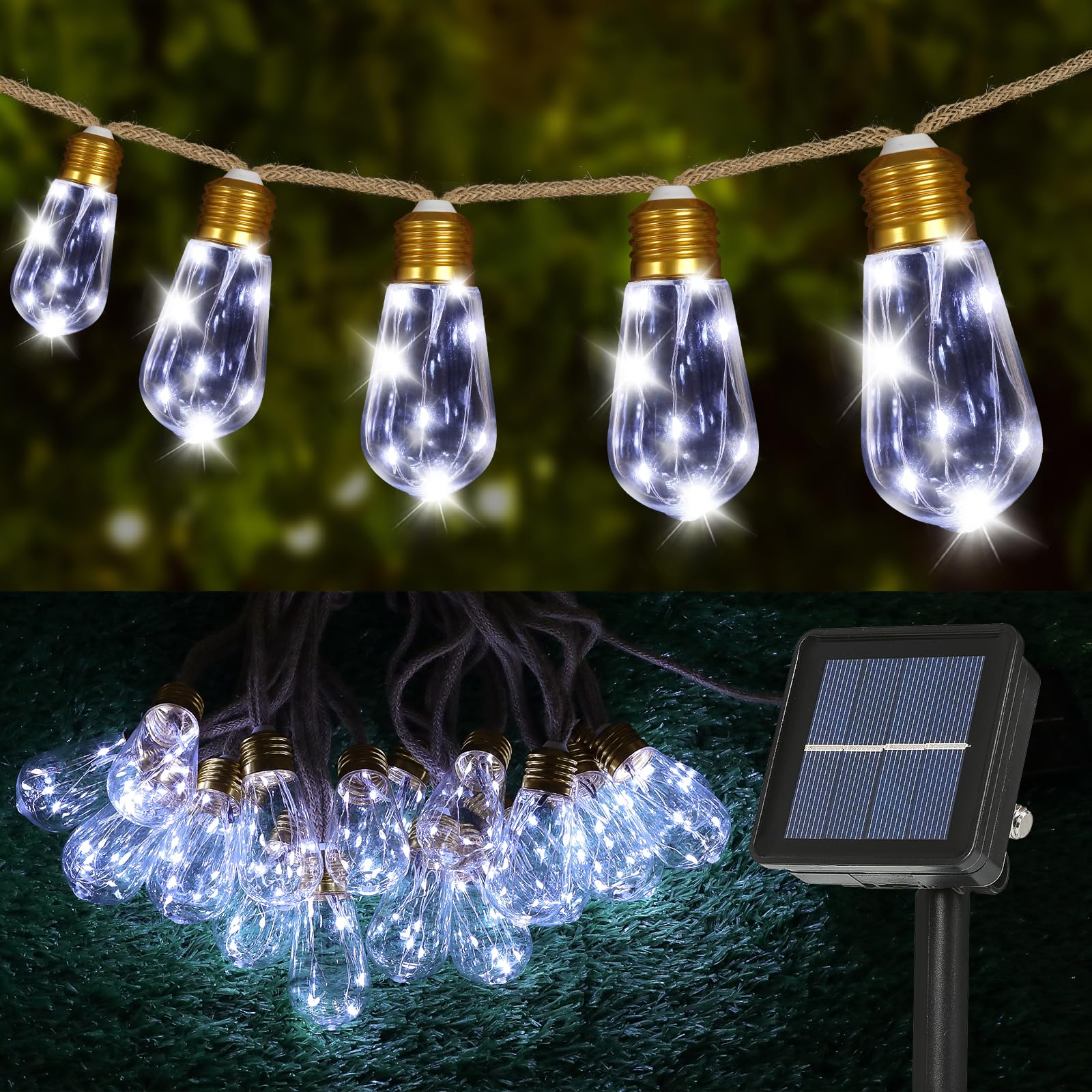 Muyun Solar Outdoor String Lights 24Ft Vintage Hemp Rope Solar Lights With 20 Shatterproof Bulbs,Solar Powered Patio String Lights With 8 Modes And Memory Function For Fence Garden Balcony Camping Bistro