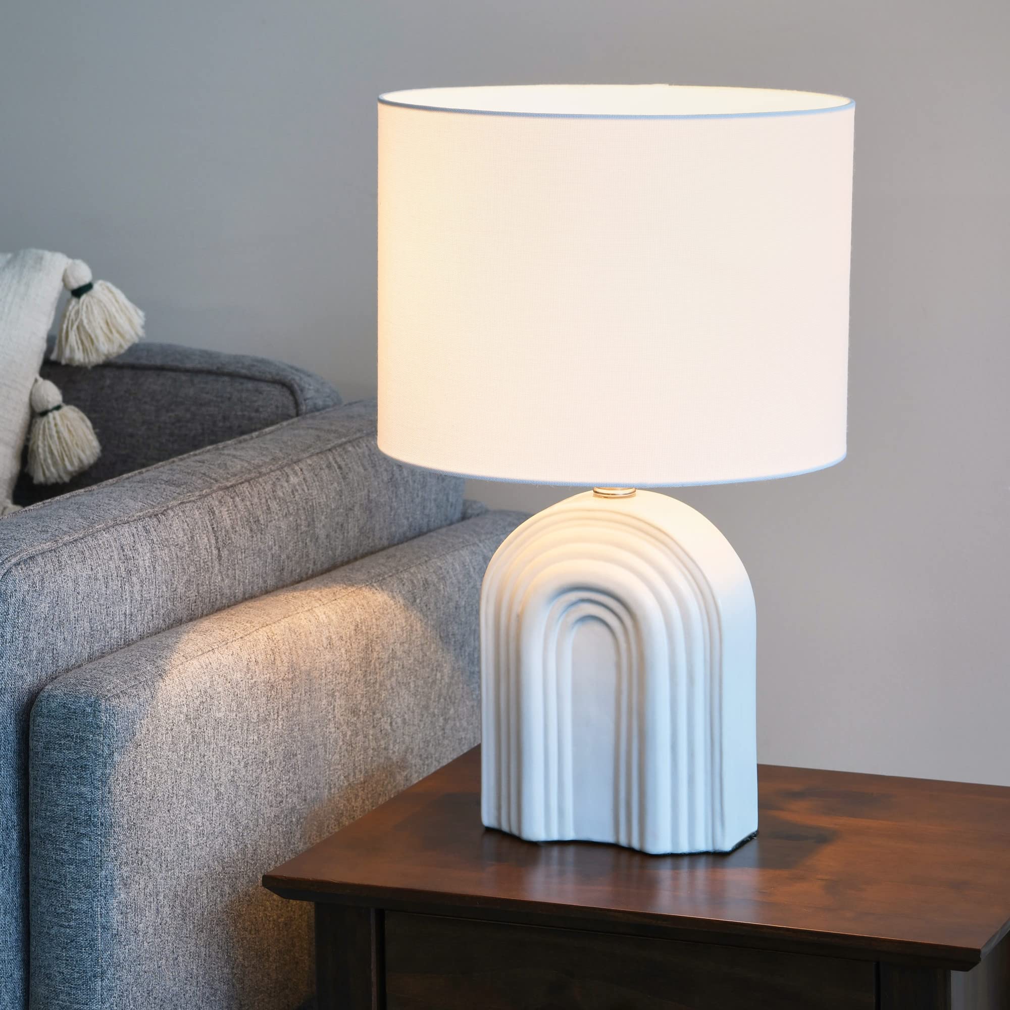 Creative Co-Op Carved Arch Stoare Table Lamp With Linen Drum Shade, White