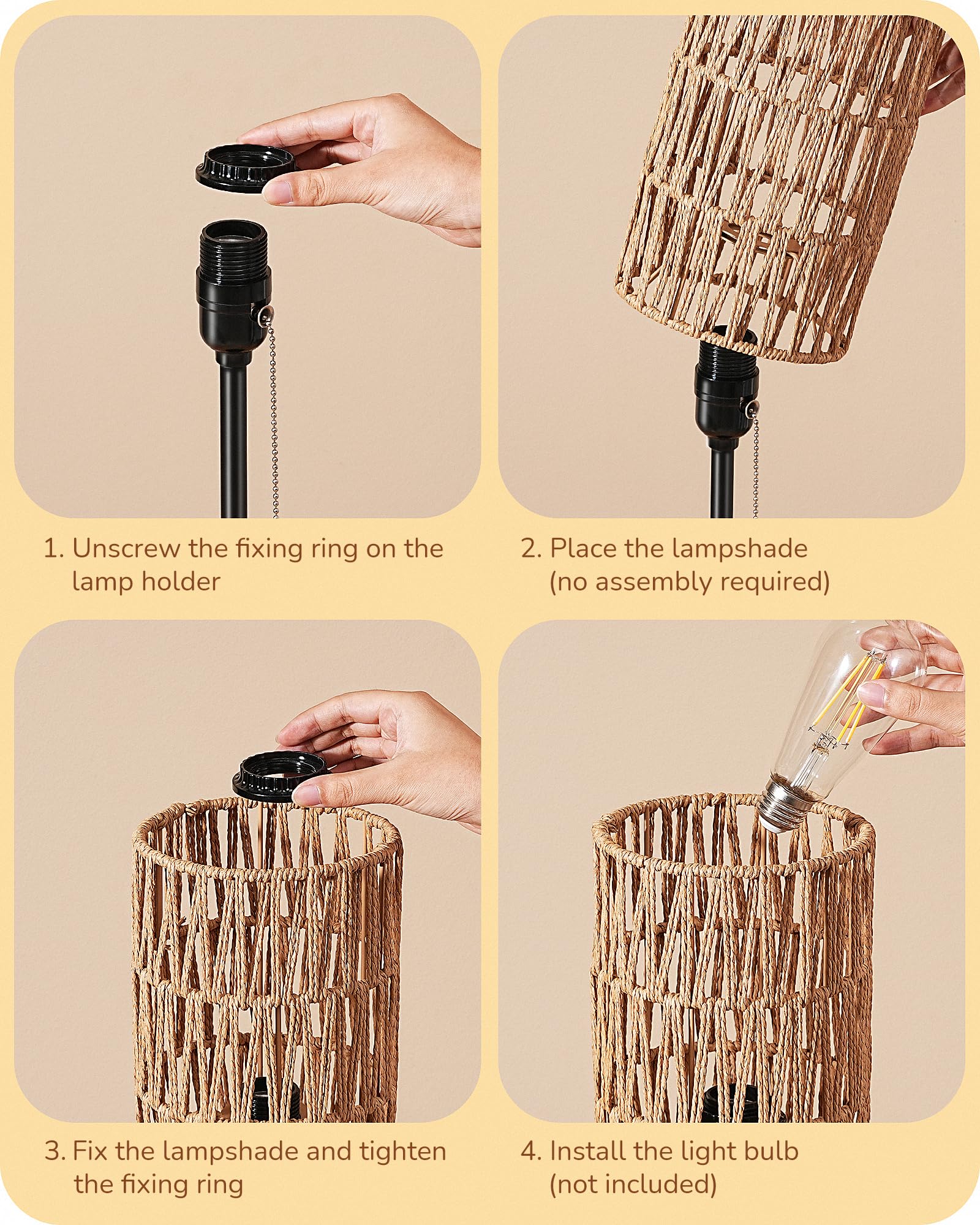 Edishine 19.1" Rattan Table Lamp, Tall Bedside Lamp With W-Knit Lampshade, Pull-Chain Switch & E26 Socket, Metal Base Boho Nightstand Lamp For Bedroom, Living Room, Office