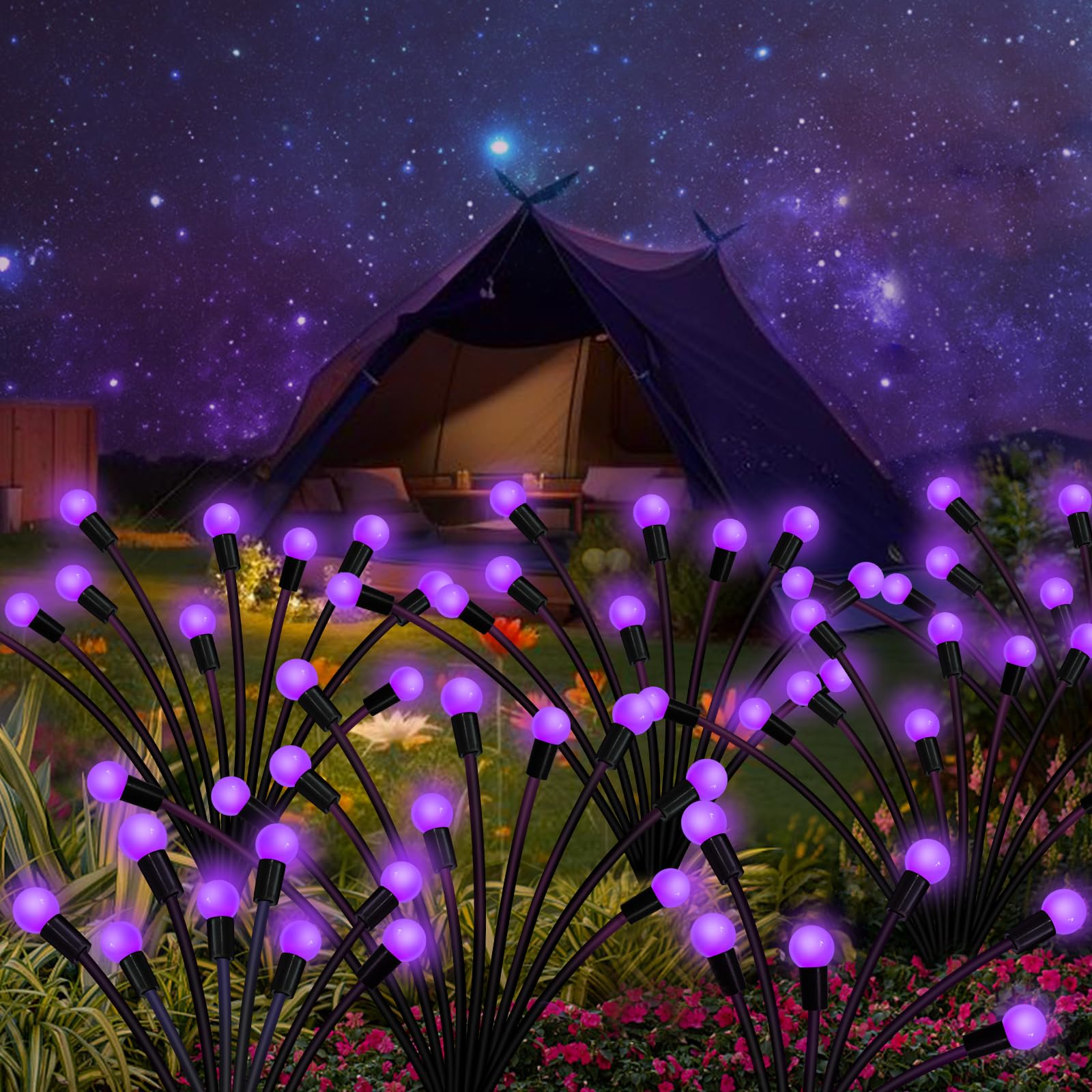 Kohlrabi 6 Pack 60 Led Solar Firefly Lights,4 Pack Warm White+2 Pack Purple