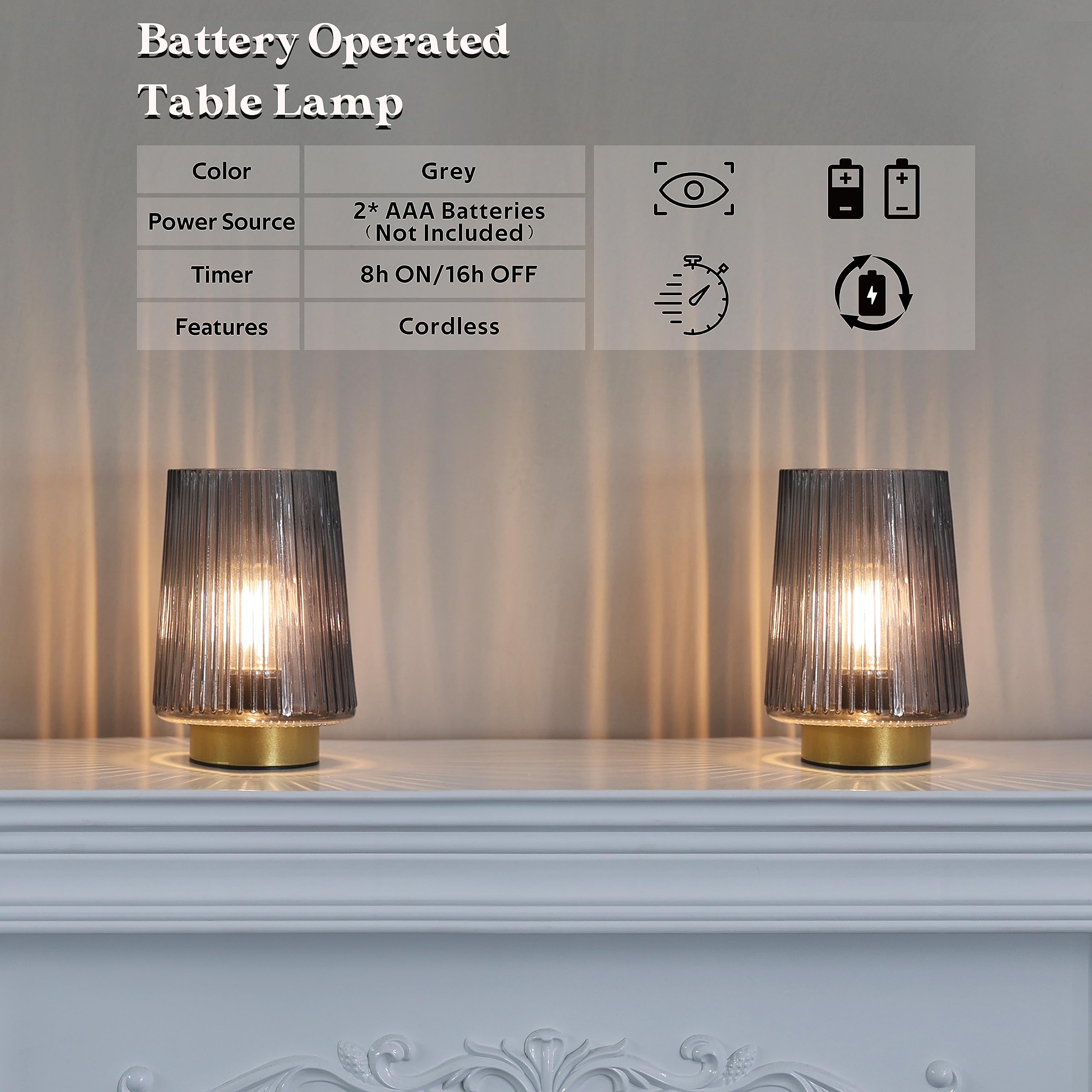 Lusharbor Battery Powered Lamp With Timer, Cordless Small Table Lamps Battery Operated With Led Bulb, Decorative Bedside Lamp For Living Room Grey 2Pack