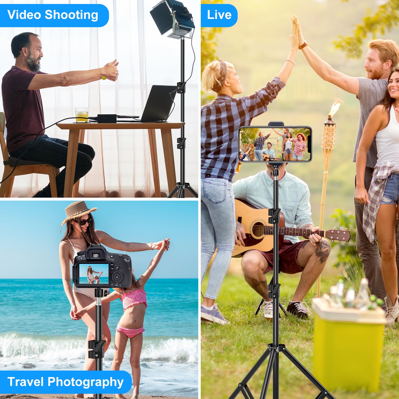 Herrfilk 63” Tripod For Cell Phone With 360° Ball Head, Adjustable Tall Tripod For Video Recording & Photography With Iphone, Android Phone, Ring Light, Camera