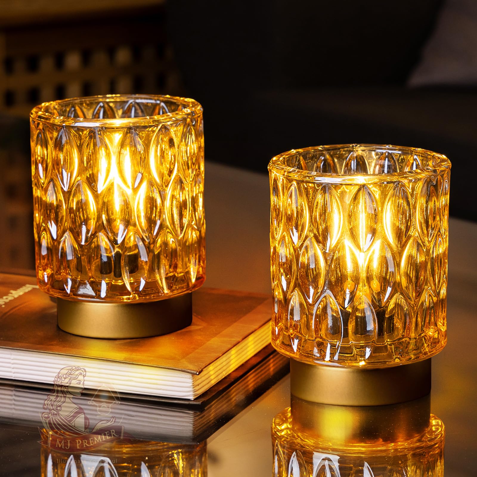 Mj Premier Battery Operated Table Lamps Timer, Mini Crystal Lamp For Area No Plug, Cordless Lamp With Led Bulb For Power Outage, Decorative Lamps For Tabletop/Corner/Entryway/Stairway/Bathroom/Fireplace(2Amber)