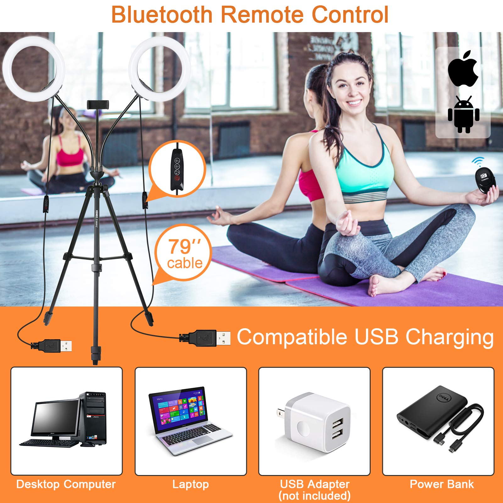Xeneo 8'' Dual Ring Light With Tripod Stand & 2 Phone Holders For Double Brightness, Led Selfie Ring Light With Remote Shutter For Live Stream/Youtube/Video Recording/Makeup/Vlogging, Up To 5.9Ft Tall