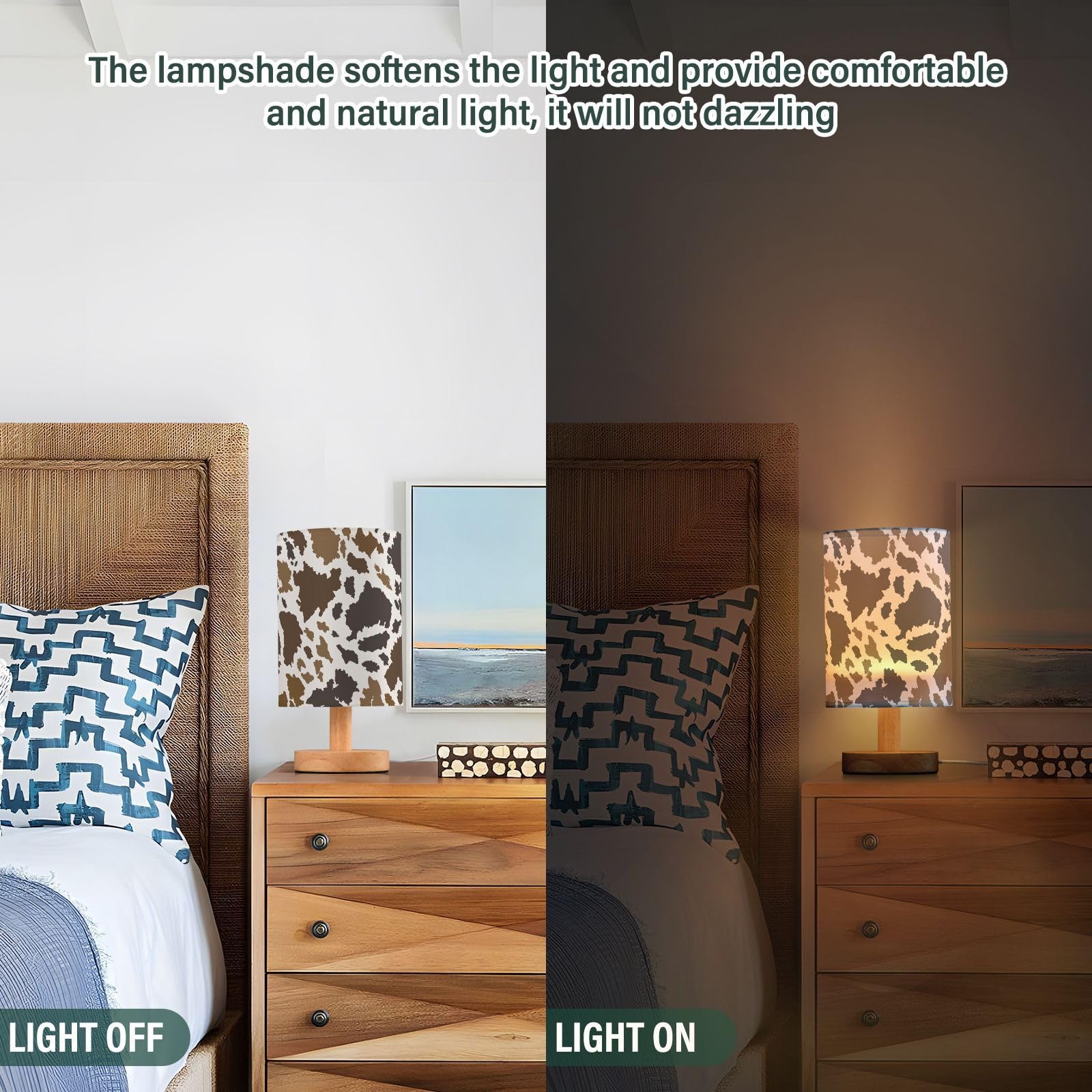 Oarencol Bedside Table Lamp Cow Print Nightstand Lamp With Wood Brown Animals Skin Desk Lamps For Bedroom Living Room Nursery Office Home Decor