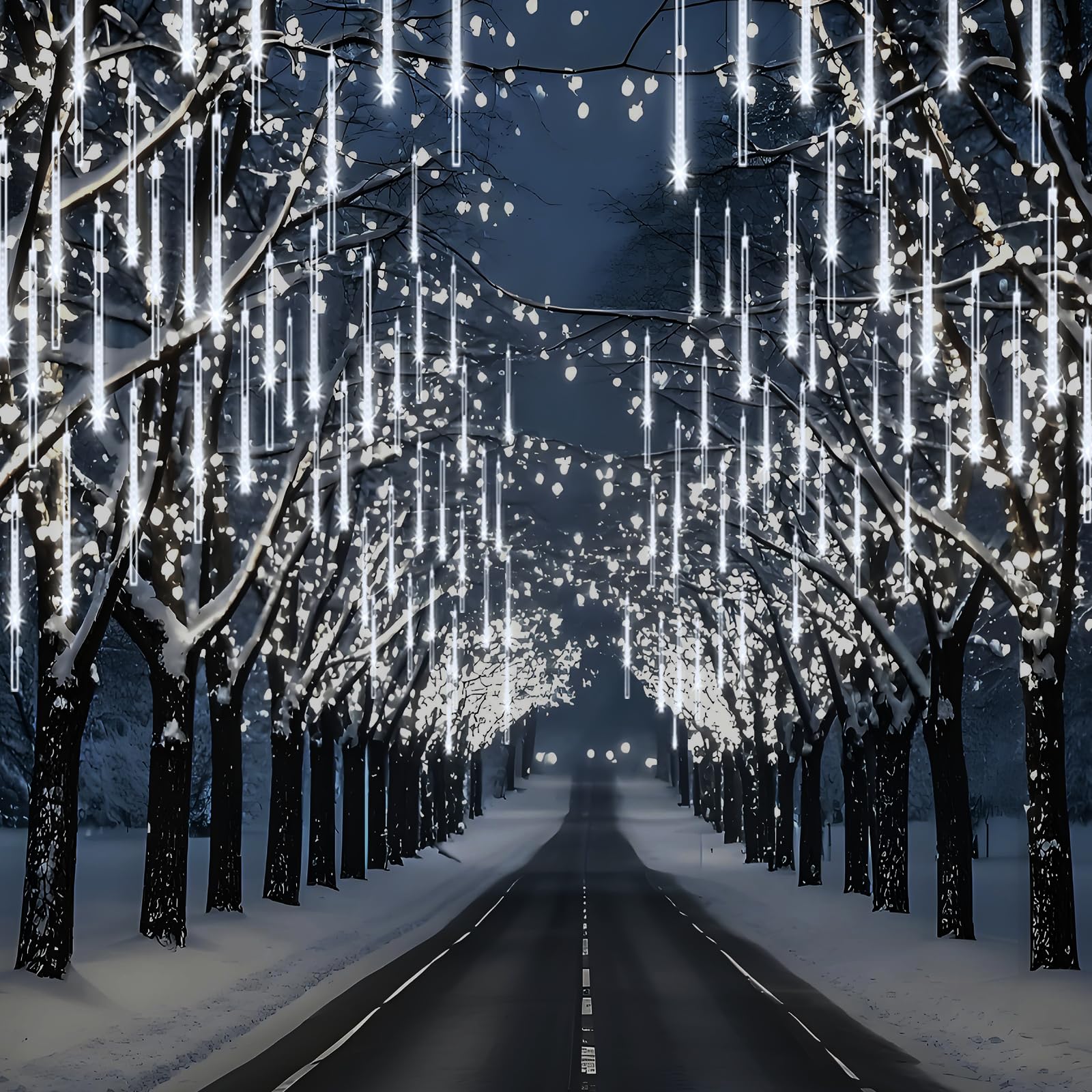 Adecorty Christmas Lights Outdoor, Meteor Shower Lights 8 Tubes 192Led Ul  Snow Falling Rain Cascading Icicle Light For Xmas Tree Christmas Decorations Outdoor Wedding Party Window, White