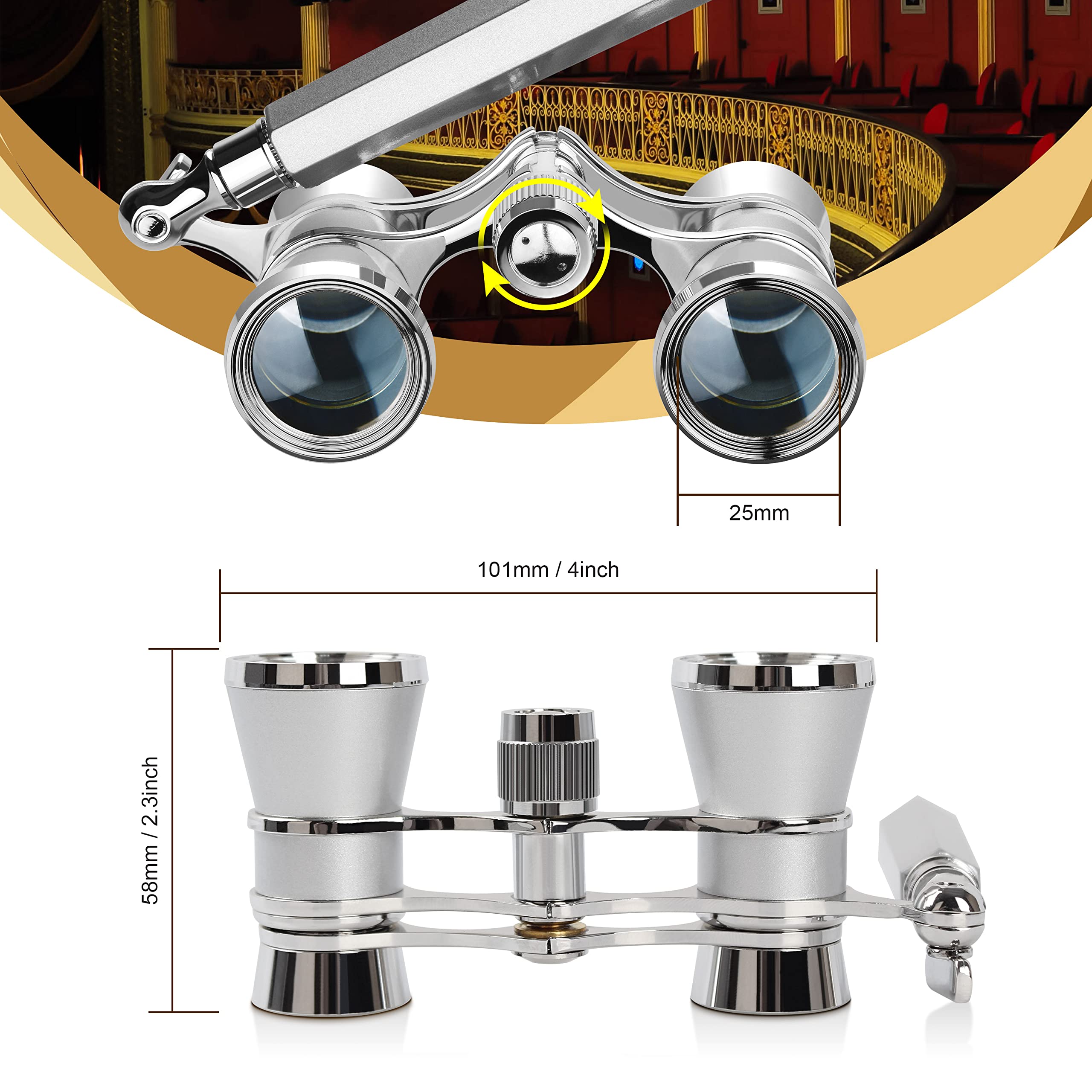 Aomekie Opera Glasses Binoculars 3X25 Lorgnette Theater Glasses Mini Binocular Compact With Handle For Adults Kids Women In Musical Concert（Silver）