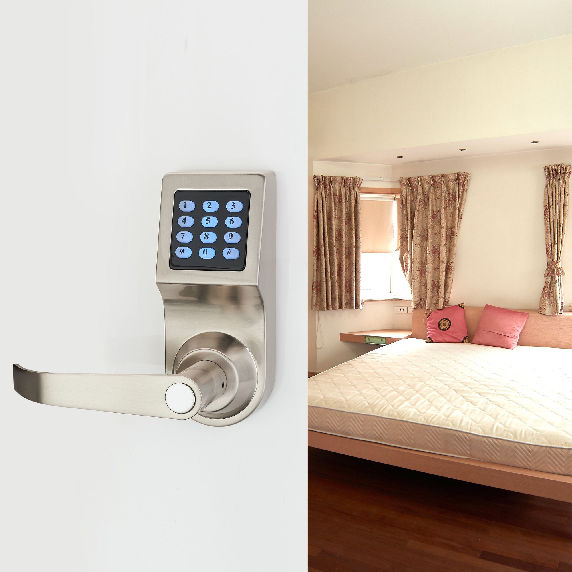Haifuan Digital Door Lock,Unlock With M1 Card, Code And Key,Default For Left Hand Orientation Nickel Brush