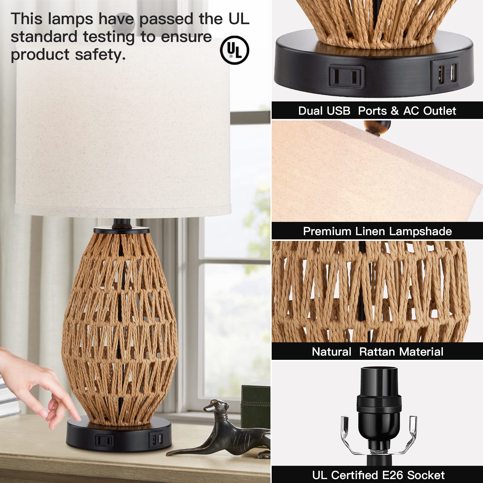 Cinsary Touch Control Rattan Table Lamps, 3 Way Dimmable Bedside Lamps For Bedroom With 2 Usb Ports And Ac Outlet, Wicker Nightstand Lamps For Living Room Home Office (Led Bulbs Included)