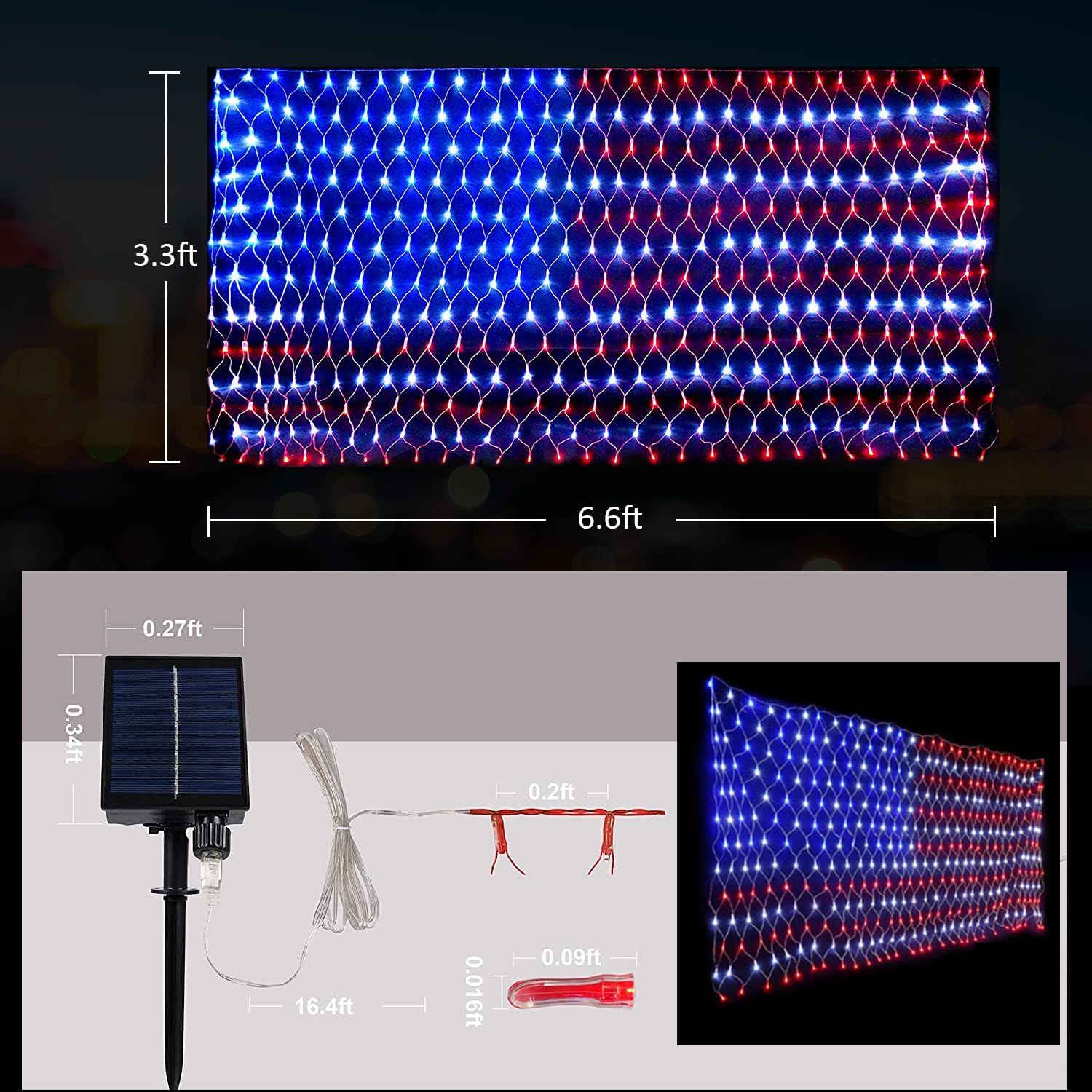Funiao 2-In-1 Solar Powered American Flag Lights, 420 Led Flag Net Lights, Waterproof Patriotic Ornament For Memorial Day, 4Th Of July, Presidential Election, Christmas