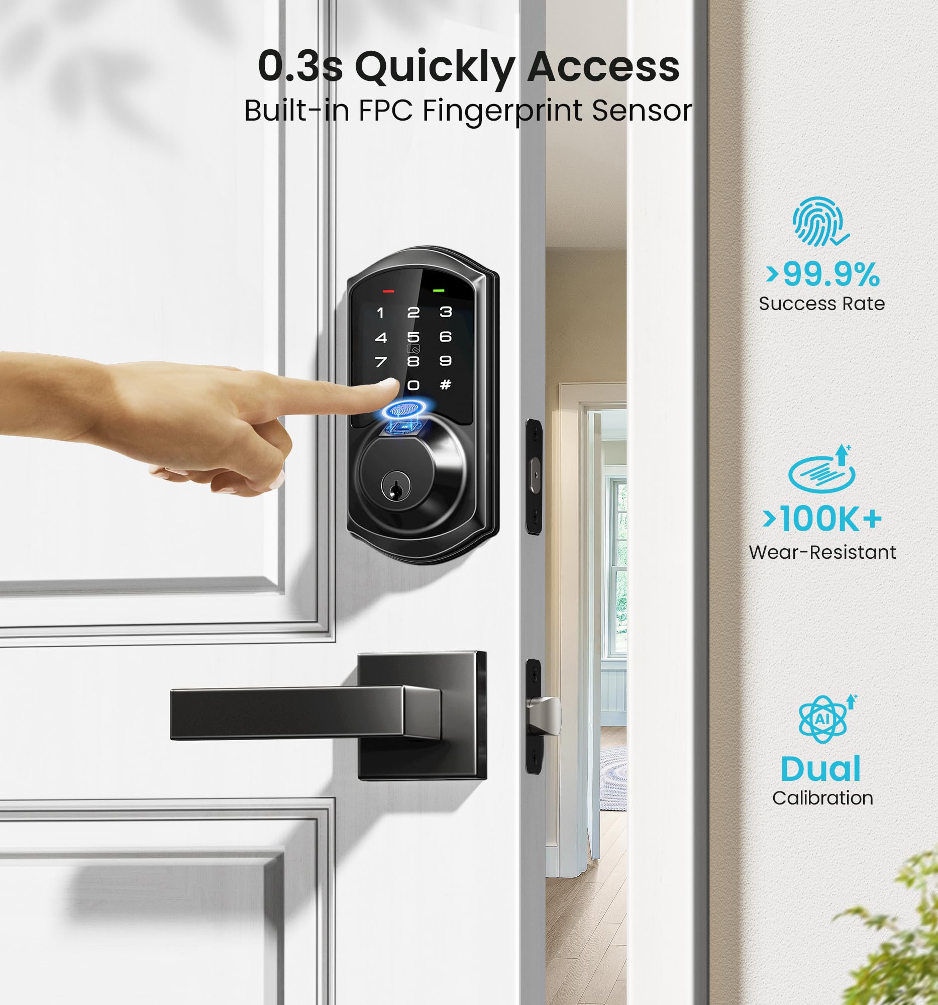 Veise Ve07-L Fingerprint Smart Locks For Front Door With 2 Lever Handle Set, App Control, Keyless Entry, Electronic Digital Keypad Deadbolt, Auto Lock, Waterproof, Easy To Install, Matte Black