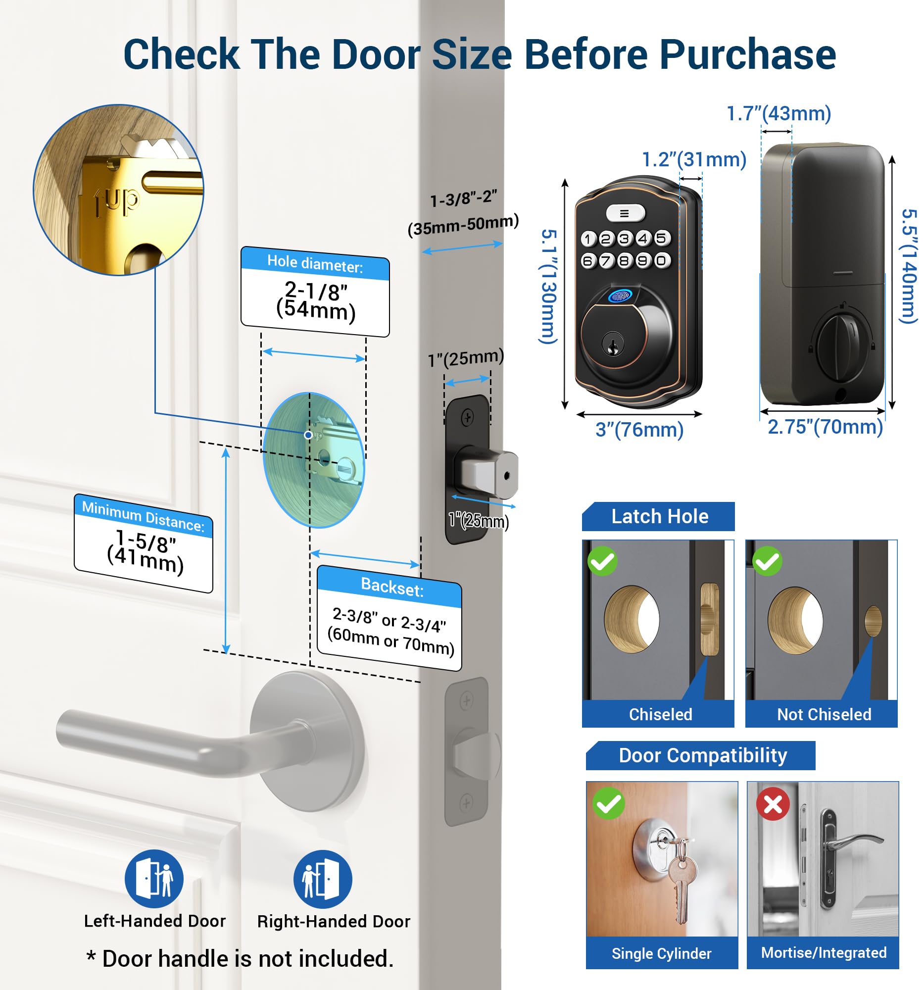 Veise Fingerprint Door Lock, Keyless Entry, Auto Lock, Electronic Keypad Deadbolt For Front Door, Biometric, Anti-Peeking Password, Easy Install, Oil Rubbed Bronze