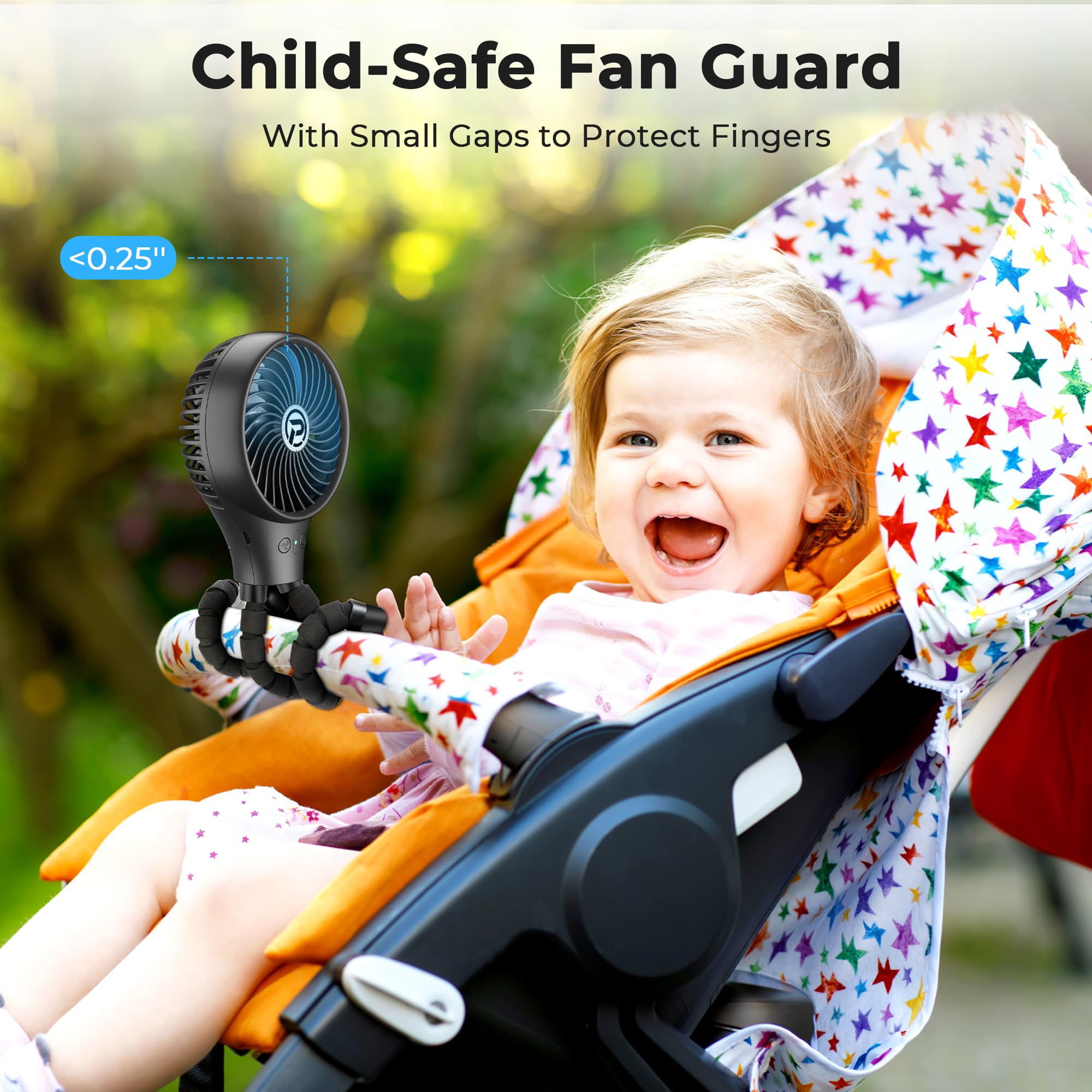 Panergy Baby Stroller Fan, Oscillating Mini Portable Fan, 3 Speeds Battery Operated Flexible Tripod