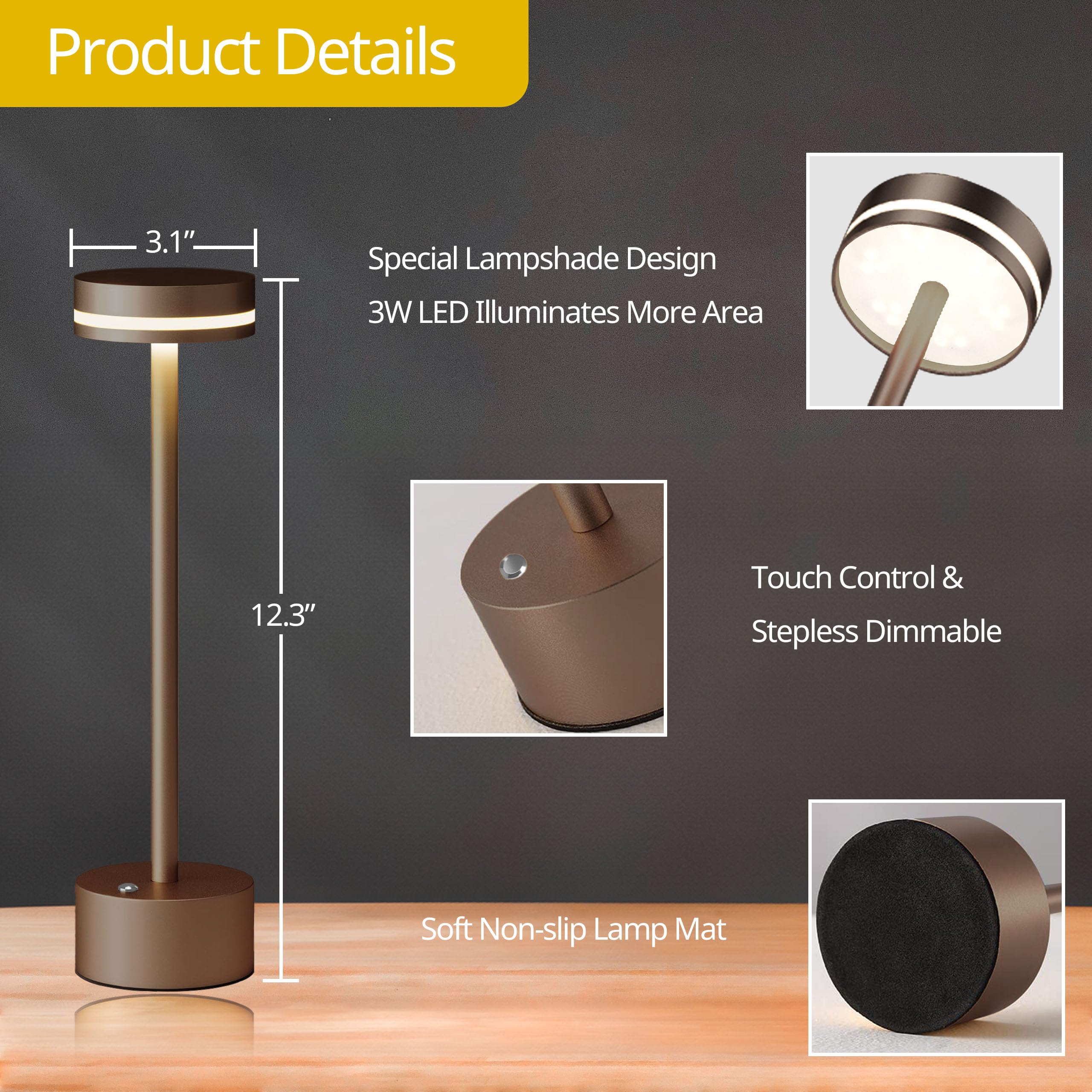Ecoespti Cordless Table Lamp, Portable Rechargeable Bedside Lamp, Touch Stepless Dimmable Desk Lamp, For Home Bedroom Hotel Restaurant Bar Outdoor, 2 Set, Coffee