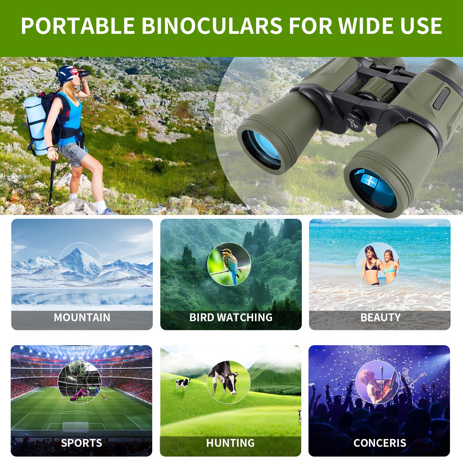 Joneme 20X50 High Powered Binoculars For Adults,Compact Binoculars Telescope With Low Light Vision For Bird Watching Travel Stargazing Concerts Camping -Bak4 Prism Fmc Lens With Phone Adapter(Green)