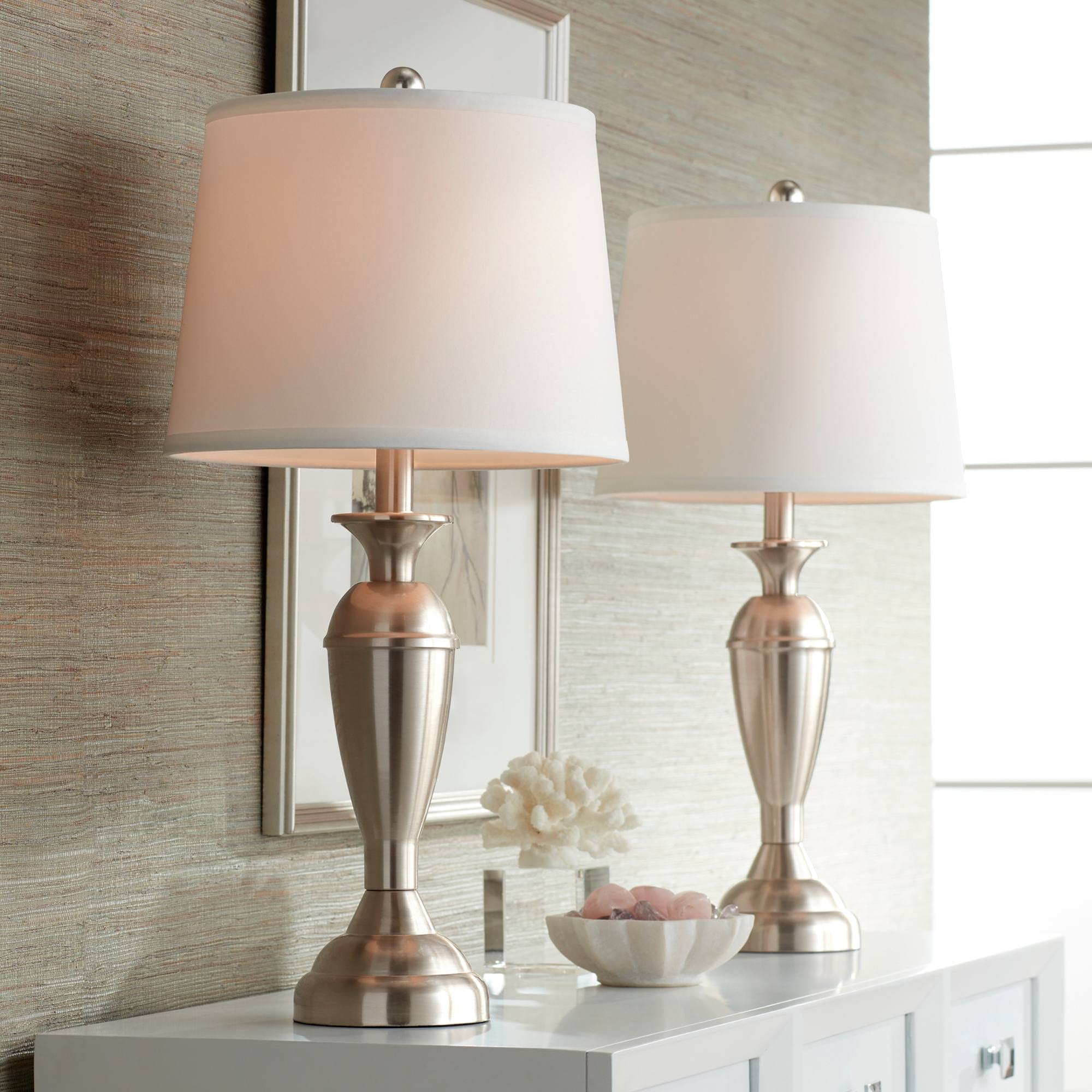 Regency Hill Blair Traditional Table Lamps 25" Tall Set Of 2 Brushed Nickel Silver Metal Candlestick White Drum Shade For Bedroom Living Room House Home Bedside Nightstand Office Entryway