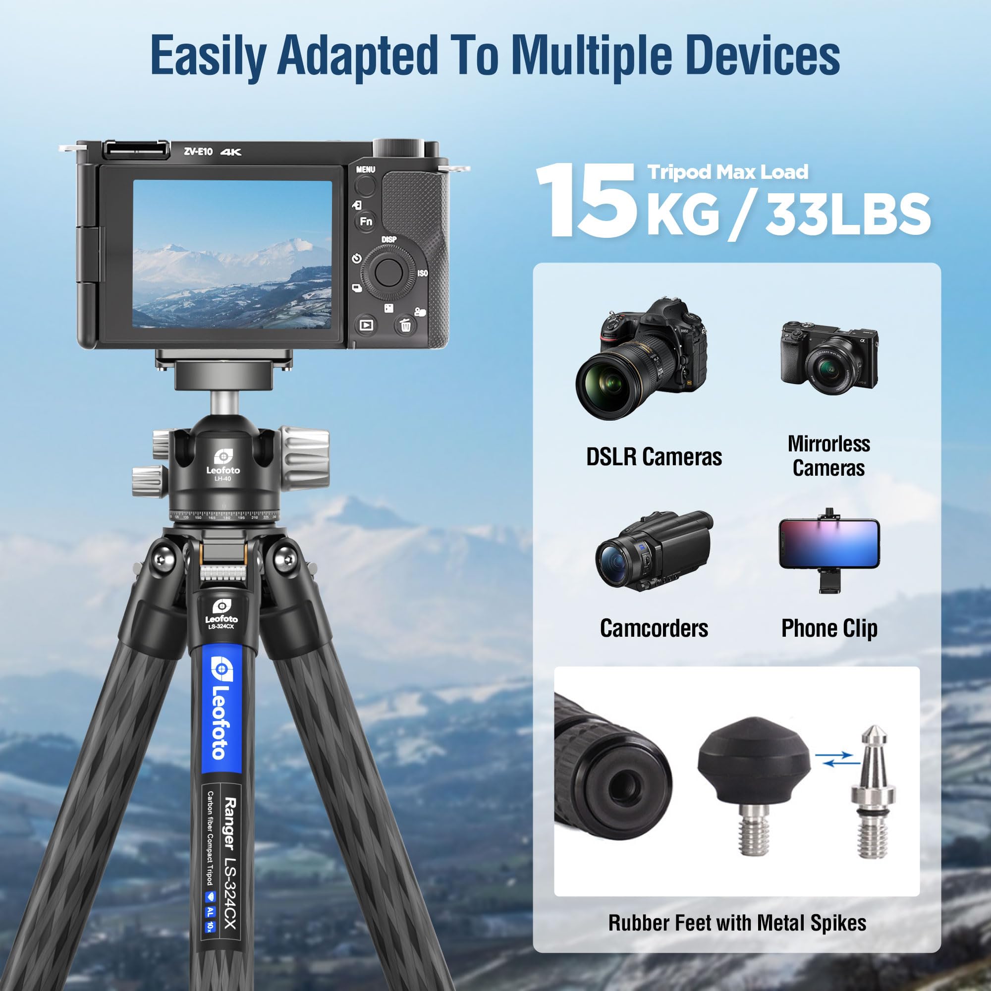 Leofoto Carbon Fiber Lightweight Travel Tripod, 68" Professional Video Tripod For Mirrorless Camera/Dslr With Carry Bag, Max Load 33.07Lb (Ls-324Cx)