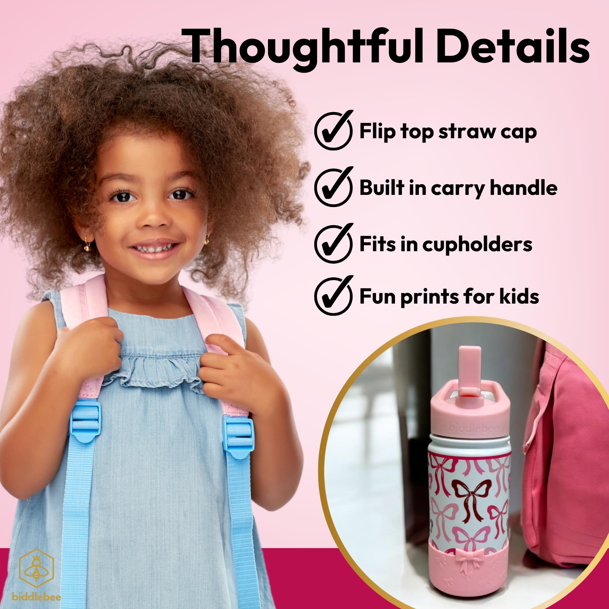 Biddlebee Kids Water Bottle With Straw Lid & Silicone Boot – 14Oz Insulated Stainless Steel Bottle