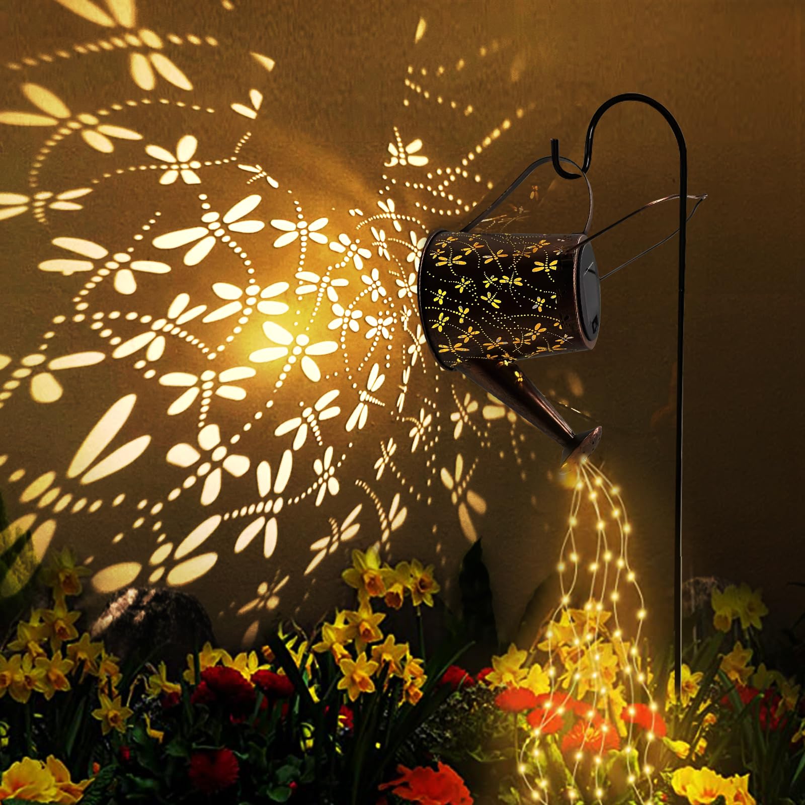 Dibieecn Solar Watering Can Outdoor Lights Garden Decor,Dragonfly Hanging Lantern Waterproof Landscape Lights Outside Decoration For Yard Porch Patio Pathway Gardening (With 32 Inch Shepherd Hook)