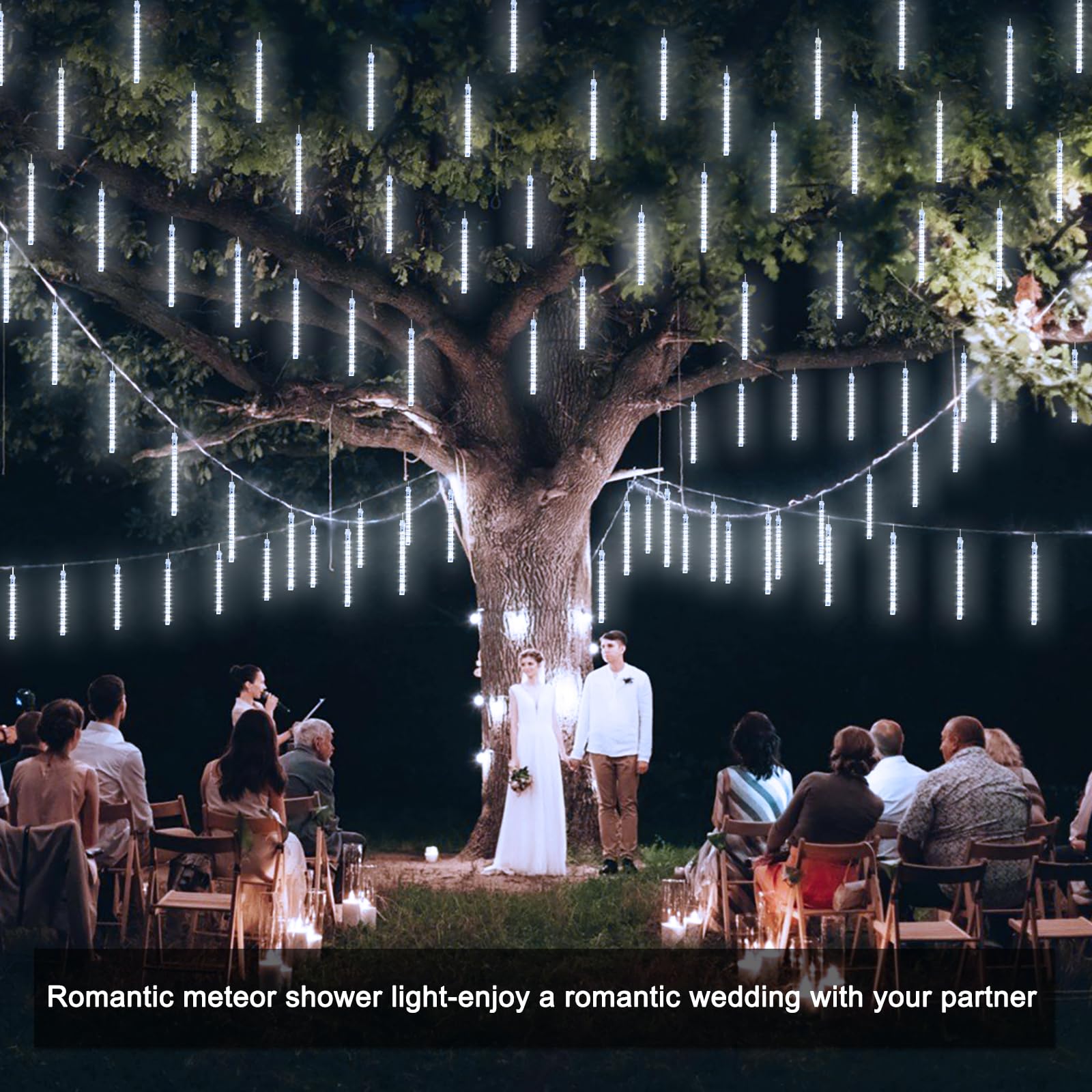 Jmexsuss 2 Pack White Meteor Shower Lights - Outdoor, Each 8 Tube 192 Led, Waterproof Plug In Meteor Lights For Outside Tree, Wedding Party, Patio Decoration
