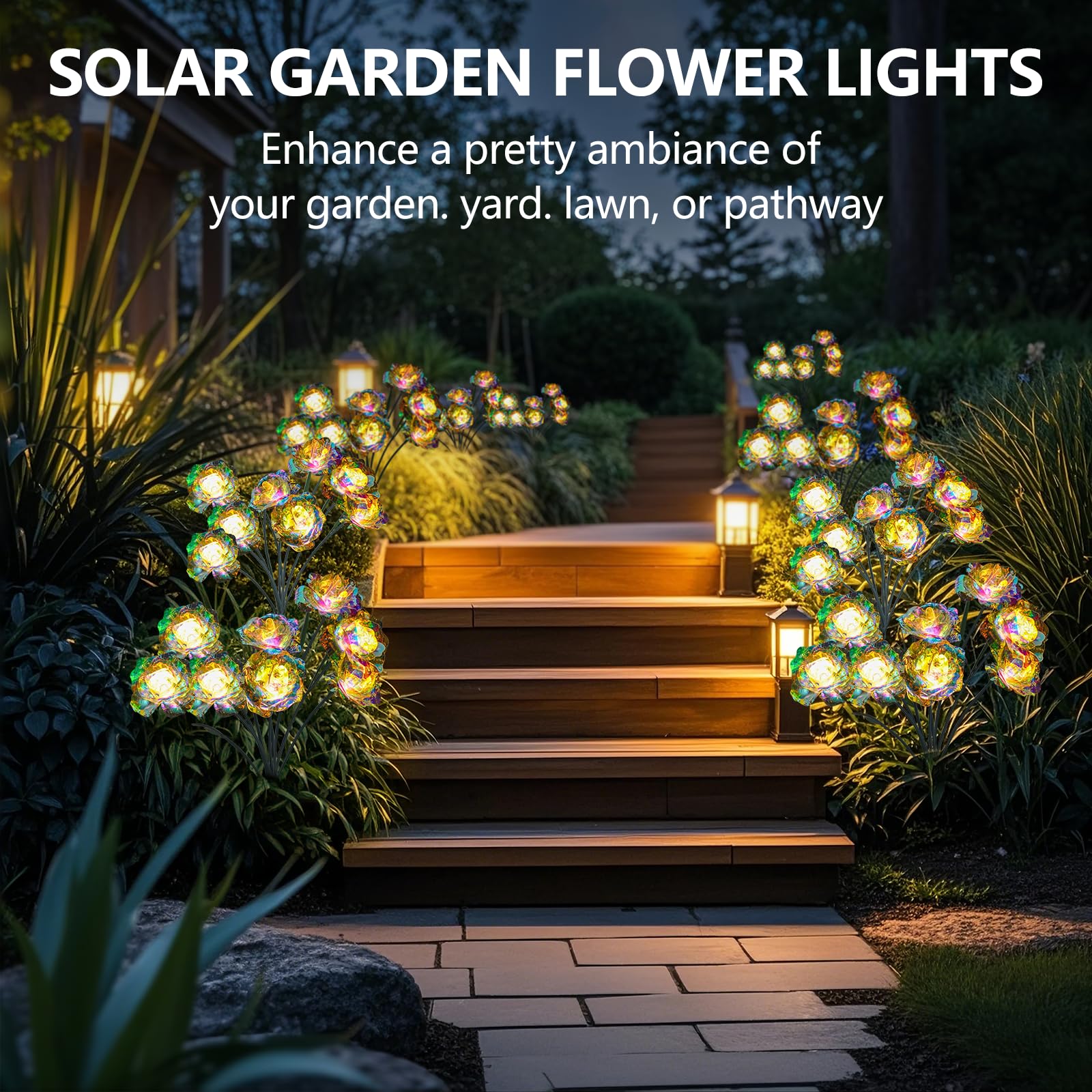 Flumy Solar Lights For Outside Gardening Supplies,Cemetery Decoration,Garden Decoration，Christmas Decoration，Solar Lights Outdoor Waterproof Rose Flowers 8-Head Garden Lights 2 Pack