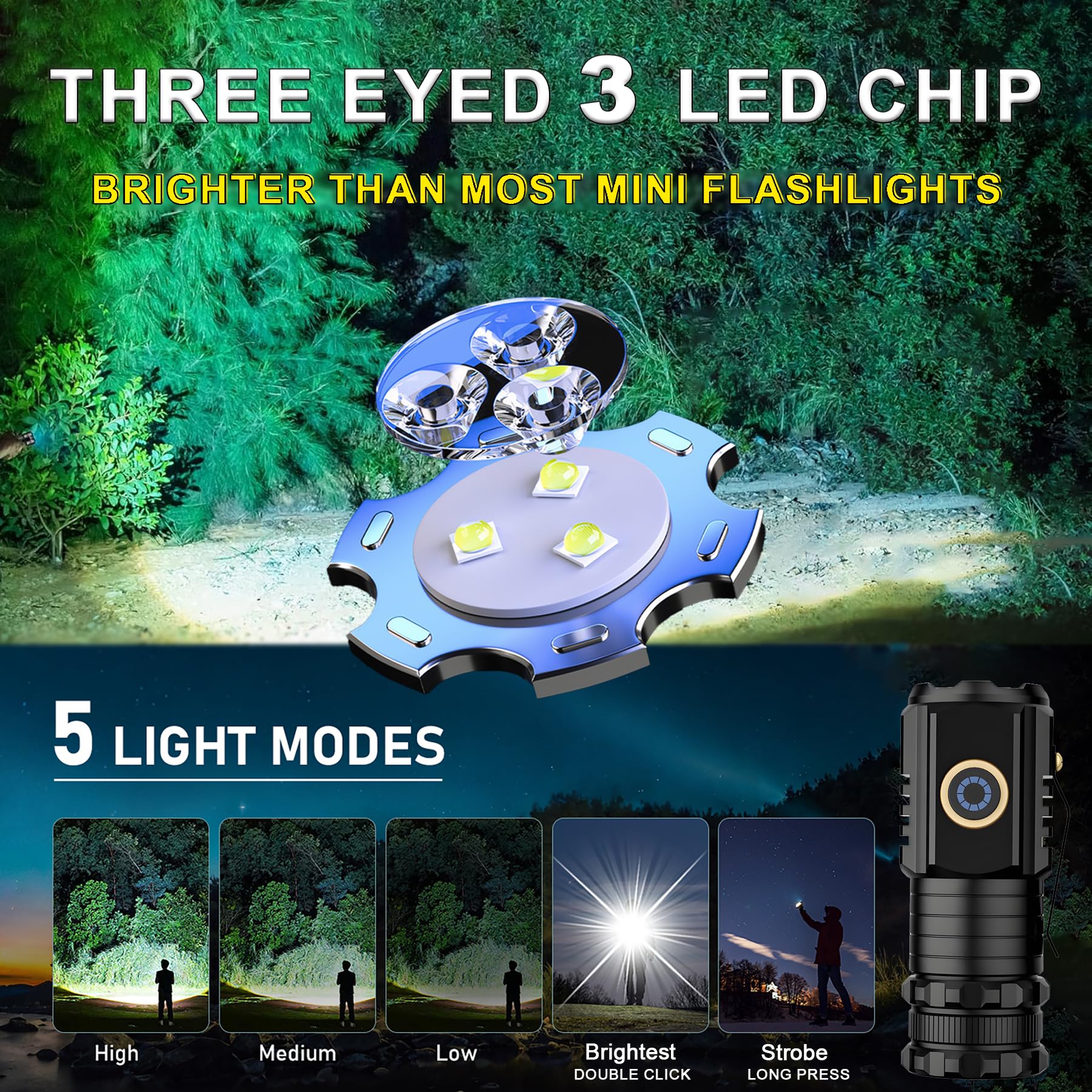Abunro Small Flashlight Rechargeable, With Magnetic Base, Aluminum Mini Flashlight 2550 Lumens 4 Pcs Bright 3 Led Flashlight, 5 Lighting Modes Portable Rechargeable Flashlights Small For Camping Home