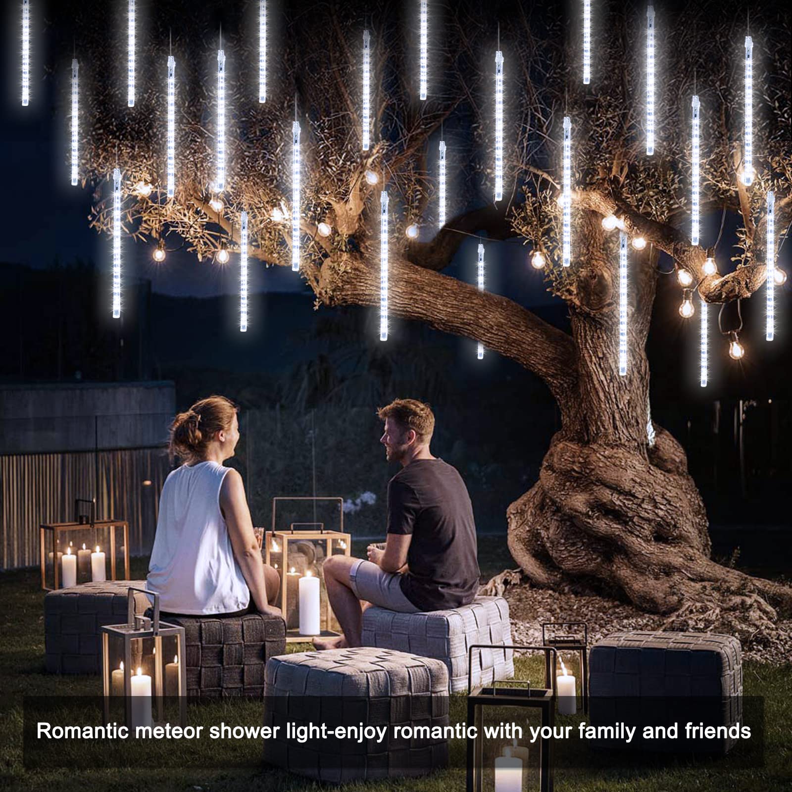 Jmexsuss 2 Pack White Meteor Shower Lights - Outdoor, Each 8 Tube 192 Led, Waterproof Plug In Meteor Lights For Outside Tree, Wedding Party, Patio Decoration