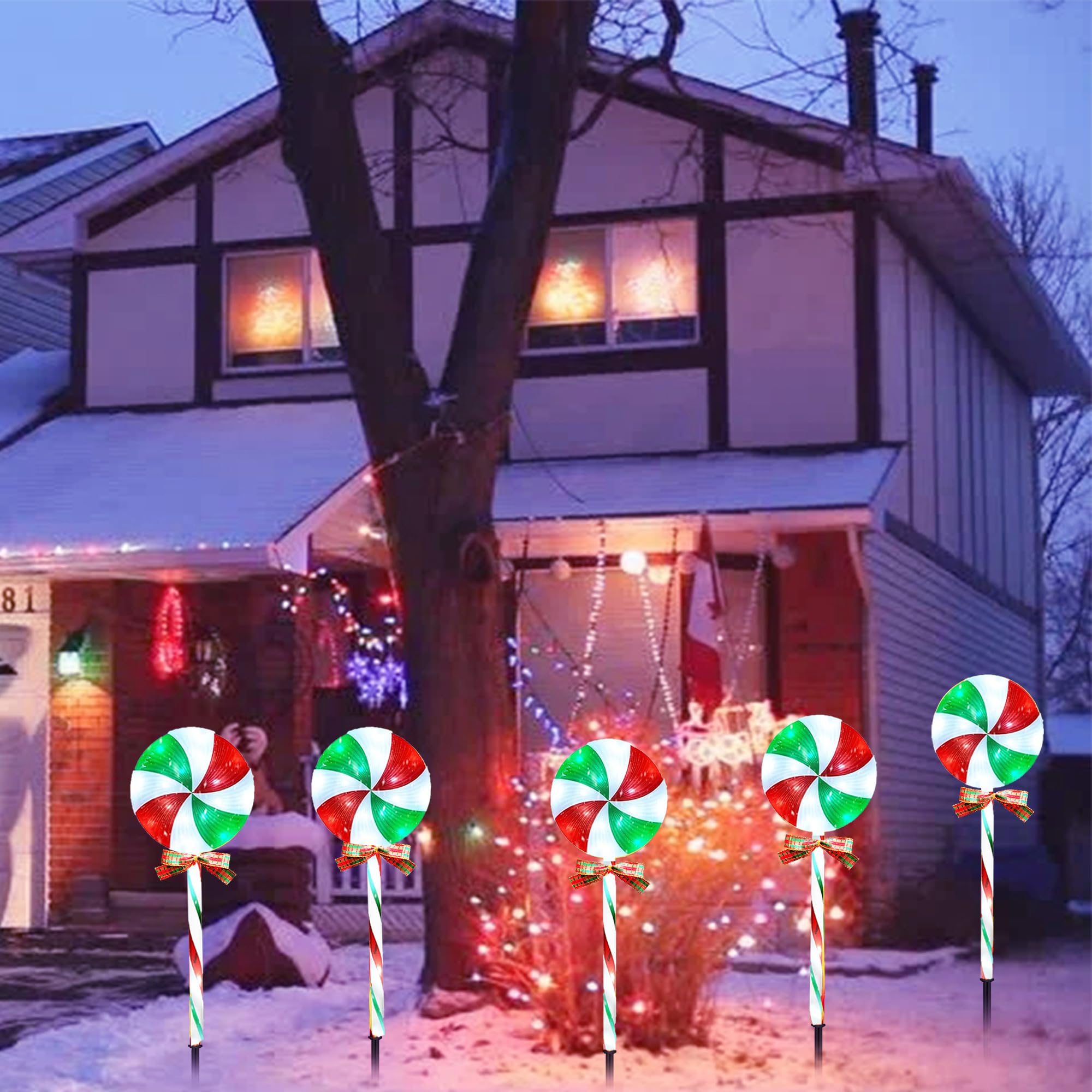 Ijmio 10 Packs Christmas Pathway Lollipop Lights With Bow Tie Solar Powered Outdoor Waterproof Xmas Candy Cane Path Landscape Decorative Stake Lights 2 Solar Panel + 10 Lights