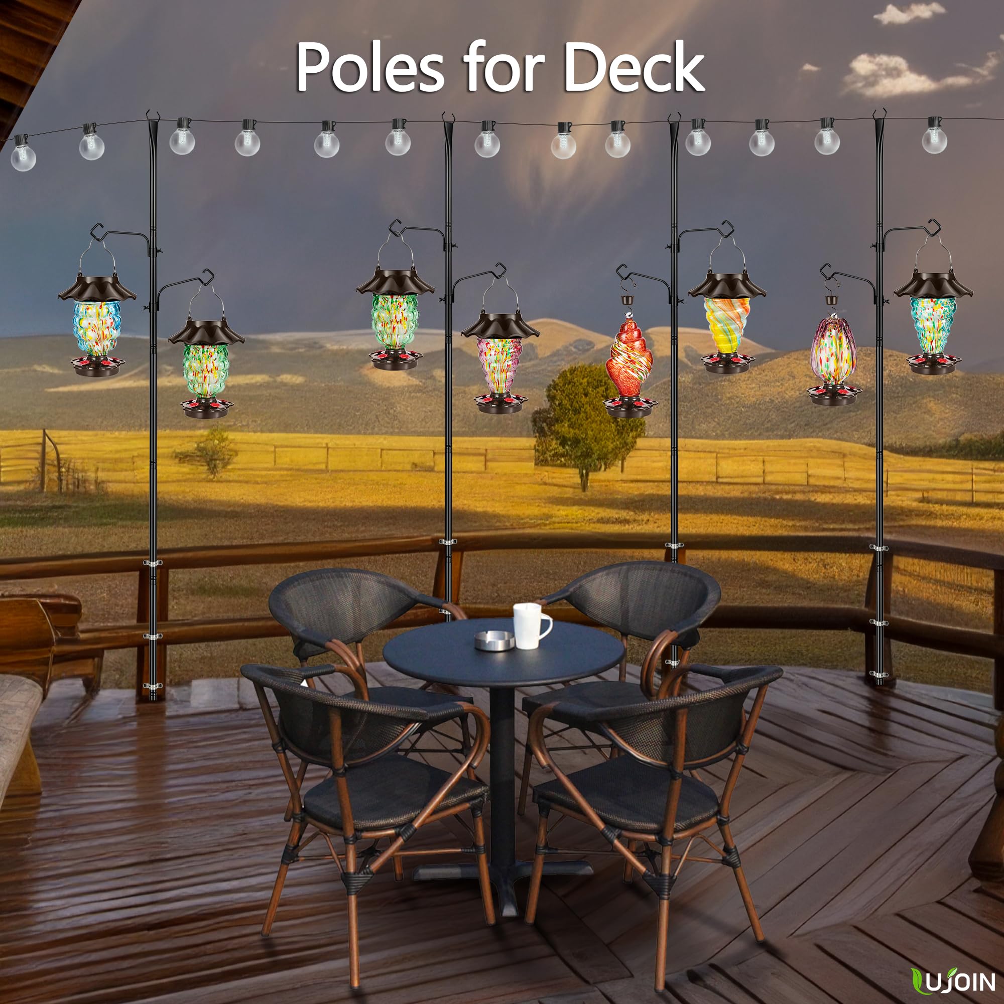 Lujoin 3-In-1 String Light Pole For Outside (2 Pack), Each Pack Includes 2 Hooks, 1 Solar Led Light Board & 1 Party Flag, Heavy Duty Stand For Deck, Patio, Backyard, Wedding