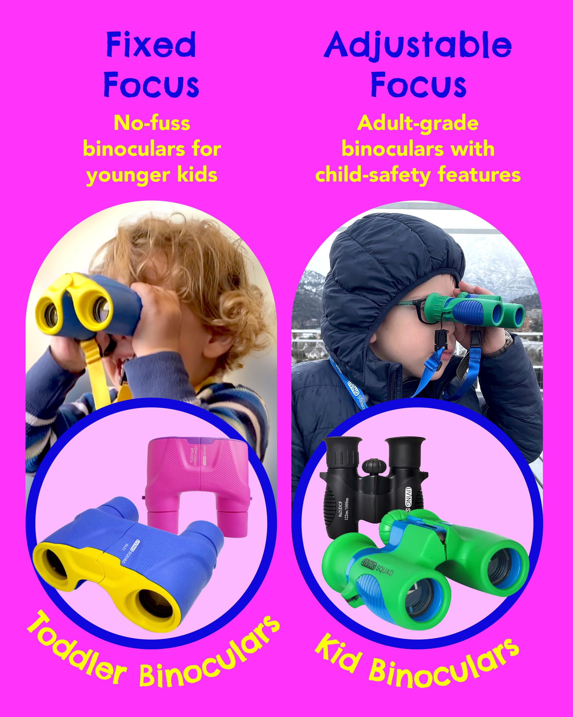 Living Squad Kids Toddler Binoculars 8X21 Auto Focus – Shockproof, Fun, Safe, And Educational - Binoculars Kids Fixed Focus  Perfect For Little Adventurers For Bird Watching- Boys And Girls Educational Toys