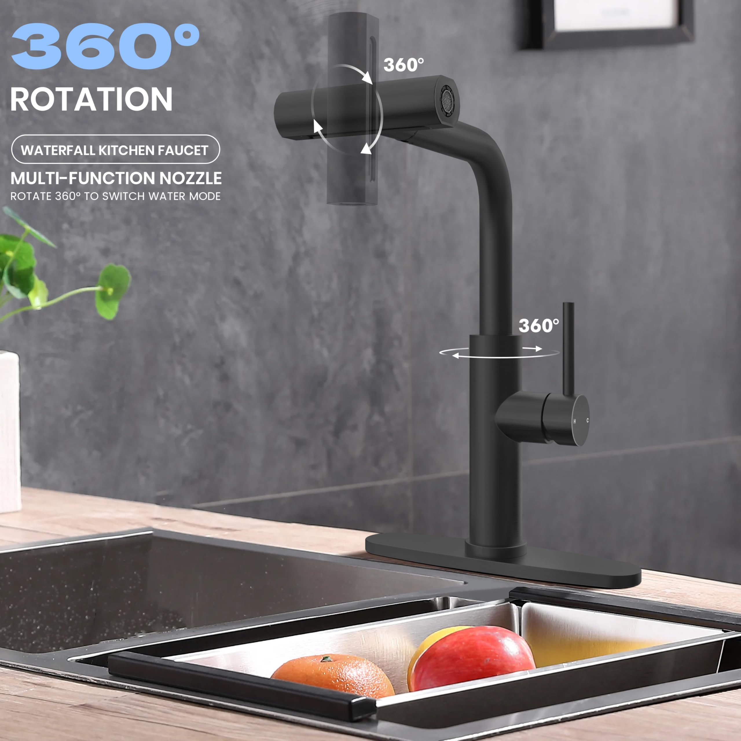 Fropo Black Kitchen Faucets With Pull Down Sprayer,High Arc Waterfall Kitchen Faucet, 4 In 1 Stainless Steel Single Lever Handle Kitchen Faucets With 4 Modes, Commercial Utility Kitchen Sink Faucet