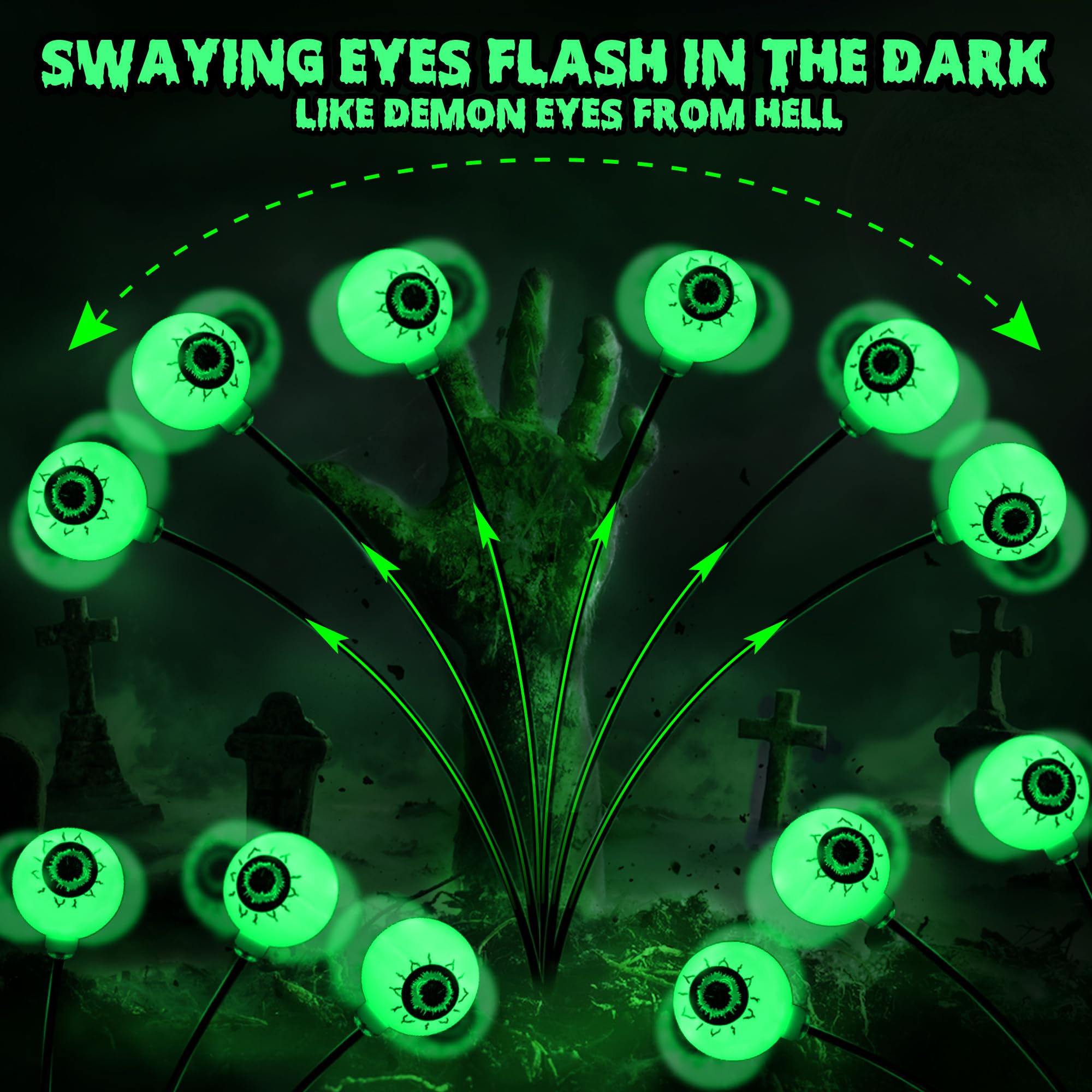Brizlabs Solar Halloween Eyeball Lights, 2 Pack 12 Led With 2 Modes, Outdoor Swaying Eye Firefly Pathway Lights, Green For Path Yard Garden Lawn