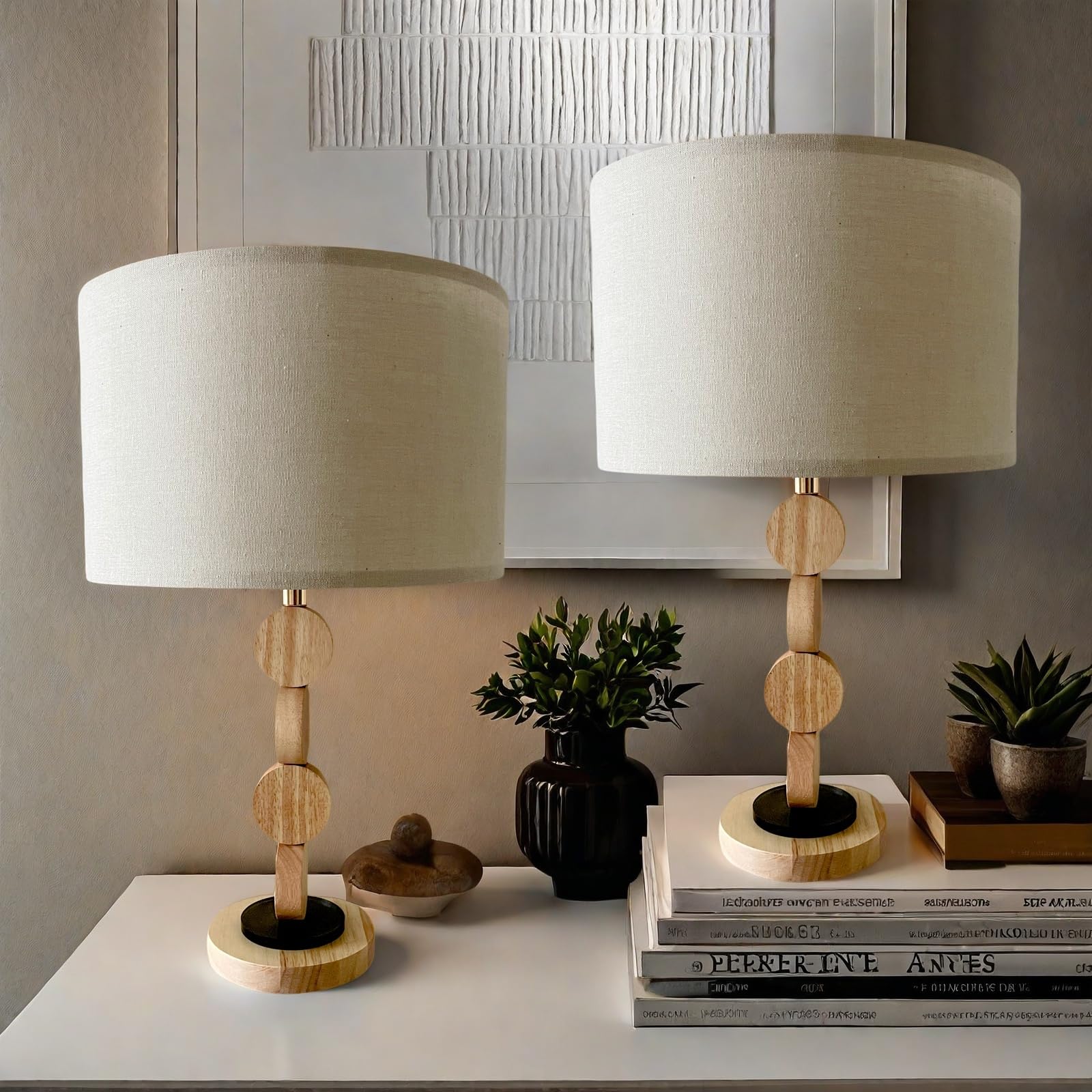 Jingoe 18.8" Modern Wooden Table Lamp Set Of 2, Solid Wood Modern Living Room, Nightstand Bedroom Farmhouse Table Lamp, Linen Lampshade (Includes 2 Bulbs)