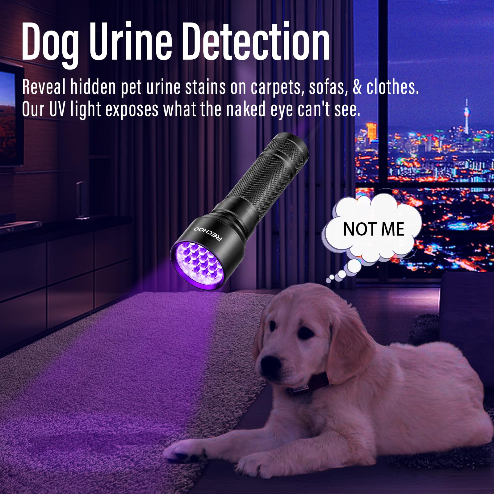 Rechoo Uv Flashlight Black Light, 21 Led 395Nm Ultraviolet Rechargeable Flashlights Uv Light, Waterproof Portable Blacklight Flashlights For Pet Urine Detection, Dry Stains, Bed Bug, Fluorescent Agent
