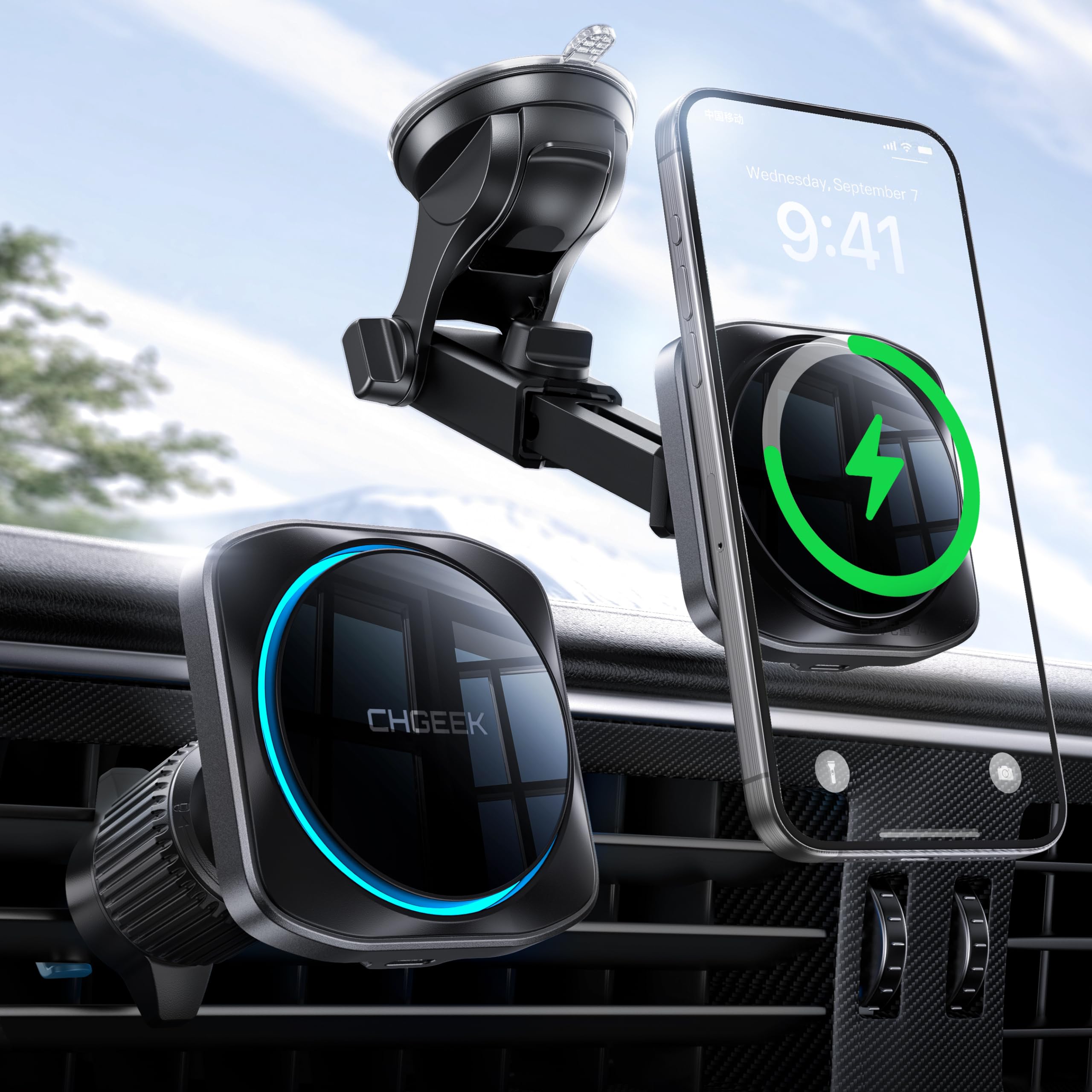 Chgeek For 15W Magsafe Car Mount Charger, Iphone Wireless Car Charger Magnetic Car Phone Holder Mount Fit Iphone 16 15 14 13 Magsafe Case, Vent/Windshield/Dash Phone Mount Holder Fast Cooling Charger