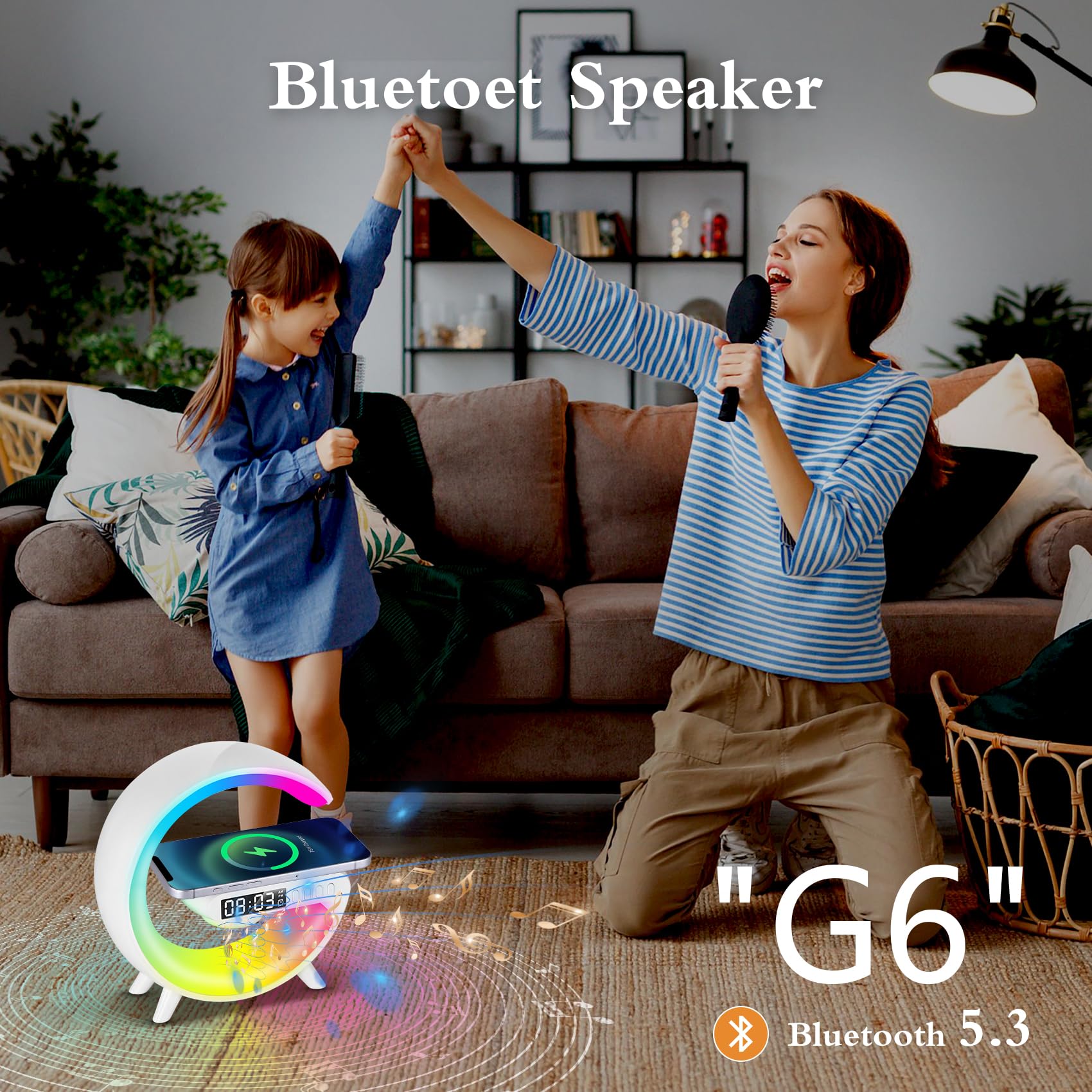 Lawyuan Wireless Speaker With Alarm Clock Night Light Led Lamp With Charger, Mini G Atmosphere Lamp With Bluetooth Speaker, Night Light Lamp Sunrise Alarm Clock, Smart Light Sound Machine For Bedroom (Black)
