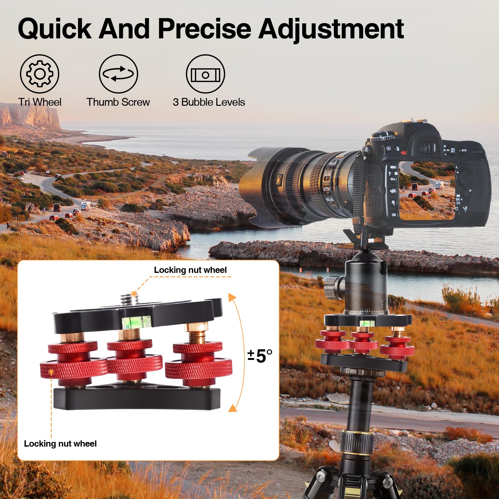 Yqlbgprj Tripod Leveling Base,Camera Head Leveler,3/8”Thread,+/-5°Precise Angle Adjustment,Aircraft-Grade Aluminum Alloy 3Axis Tri Wheel Head,For Macro Panoramic Head,Lp64