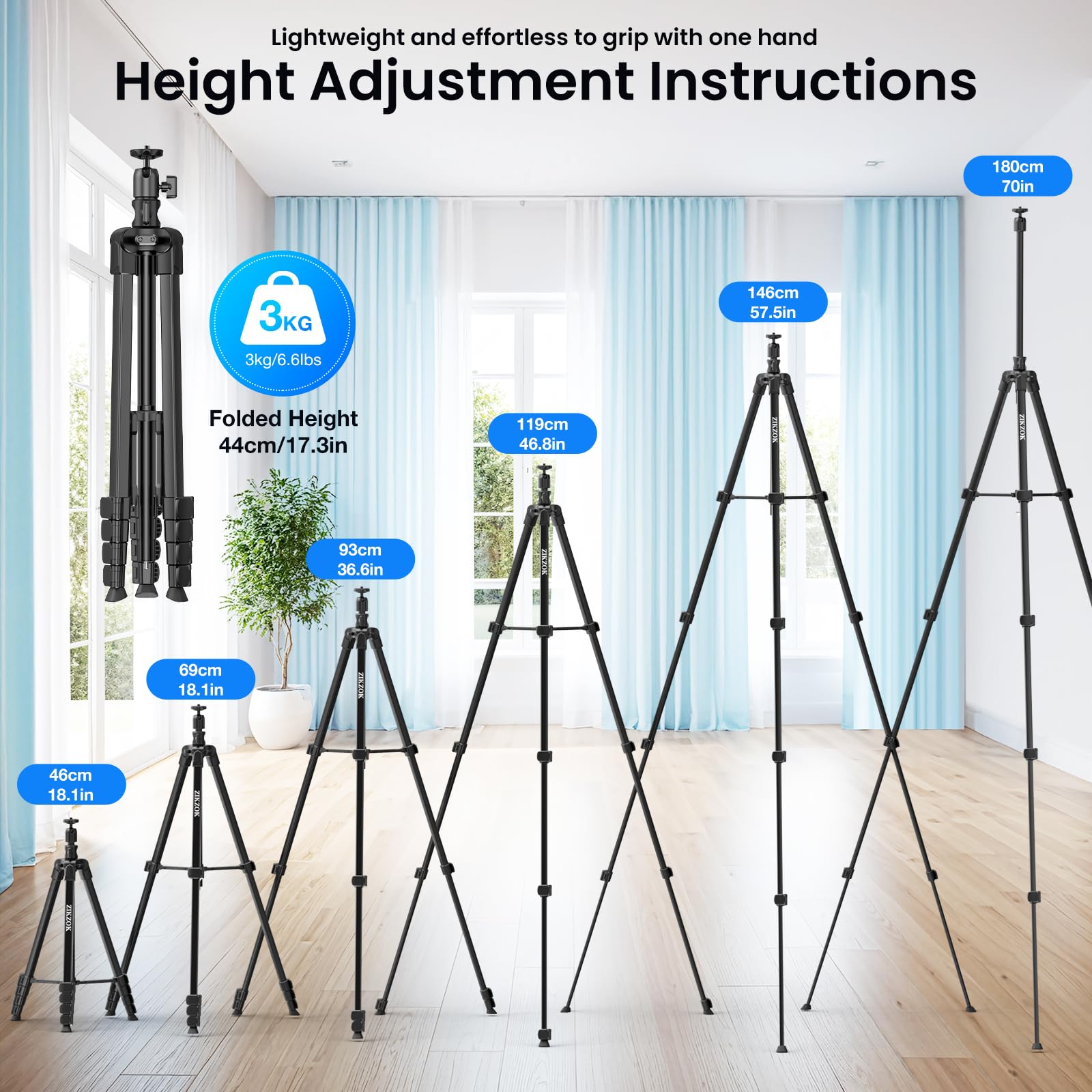 Zikzok 70" Phone Tripod & Selfie Stick, Horizontal Overhead Tripod, Extendable Camera Cell Phone Tripod Stand With Wireless Remote And Phone Holder For Filming Video Recording Live Stream