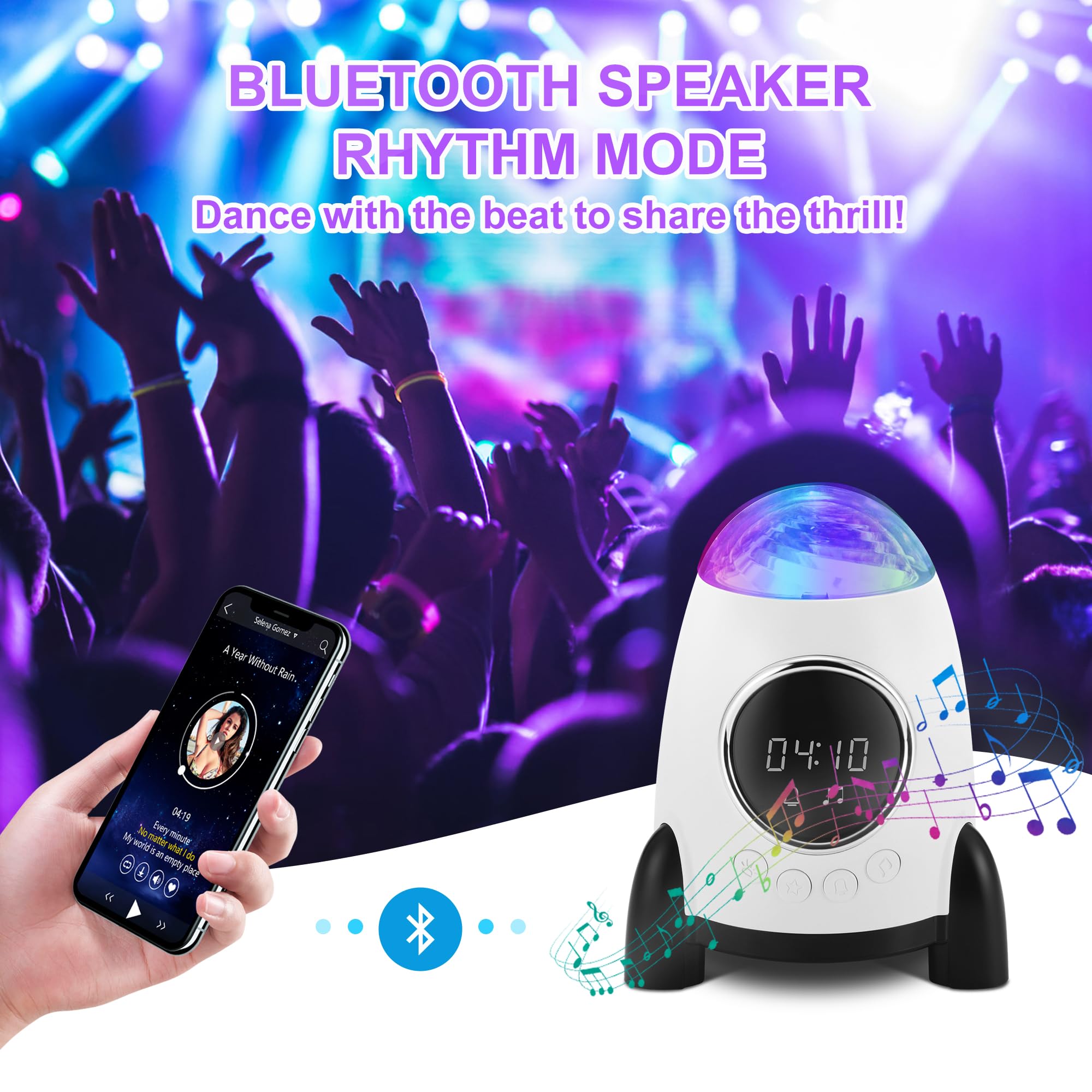 Konchile Star Projector With Alarm Clock, Rocket Galaxy For Bedroom, Bluetooth Speaker And White Noise Aurora