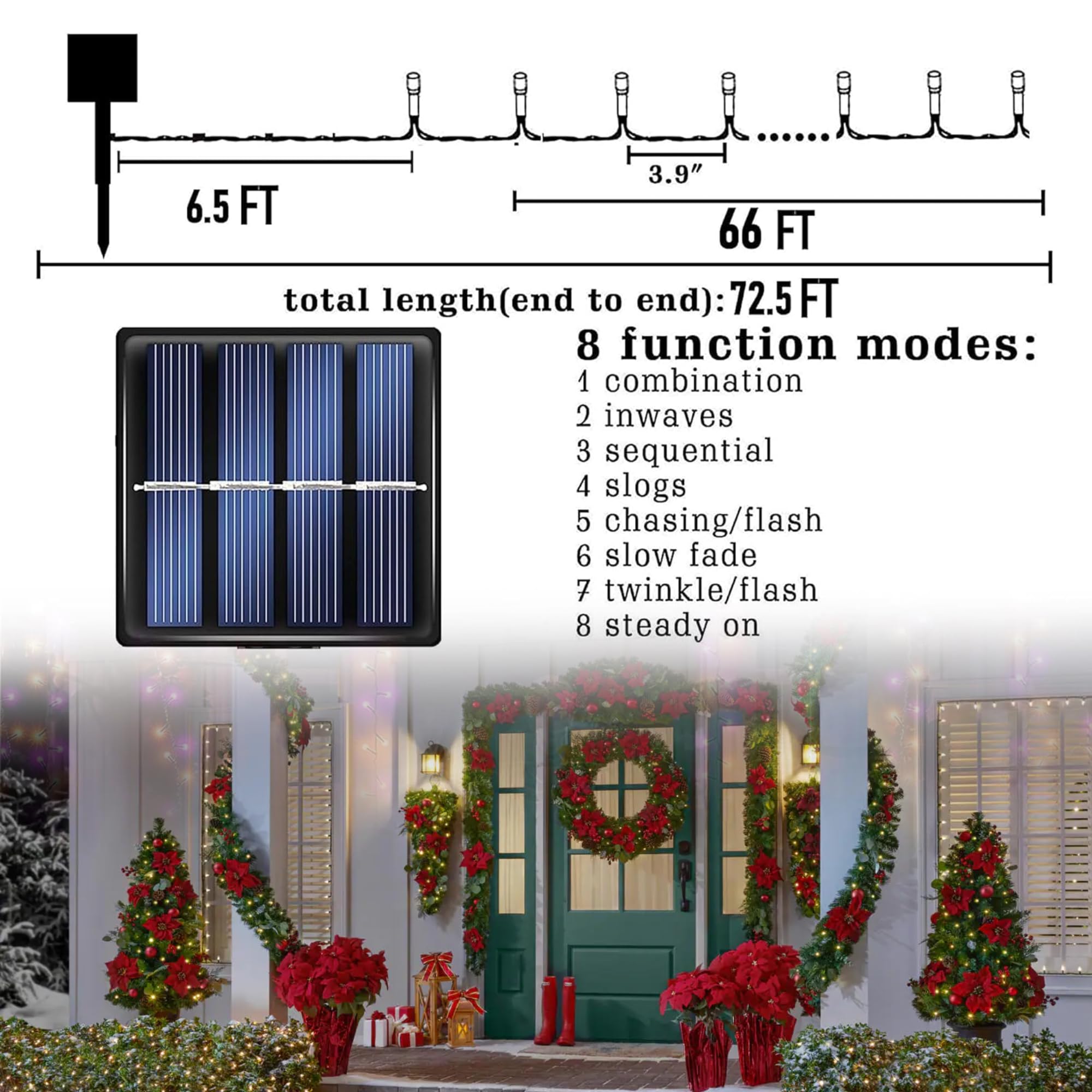 Tw Shine 2 Pack Solar String Lights, 200 Led 66 Ft, Waterproof, 8 Modes, Warm White, Outdoor Christmas Decorations