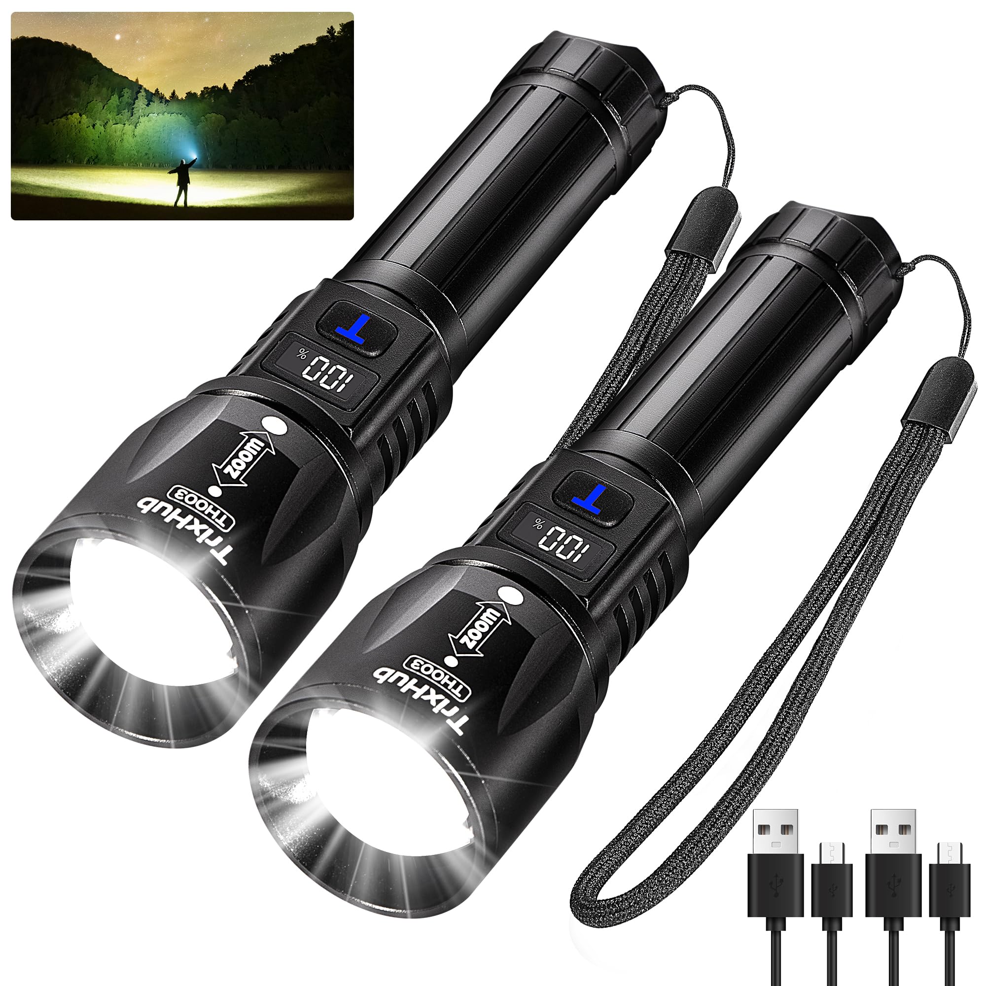 Trixhub Rechargeable Flashlights 2 Pack, 990,000 Lumens Super Bright Flashlight With Lcd Digital Display, 5 Adjustable Mode Powerful Tactical Flashlight, Waterproof Flashlights For Camping Hiking
