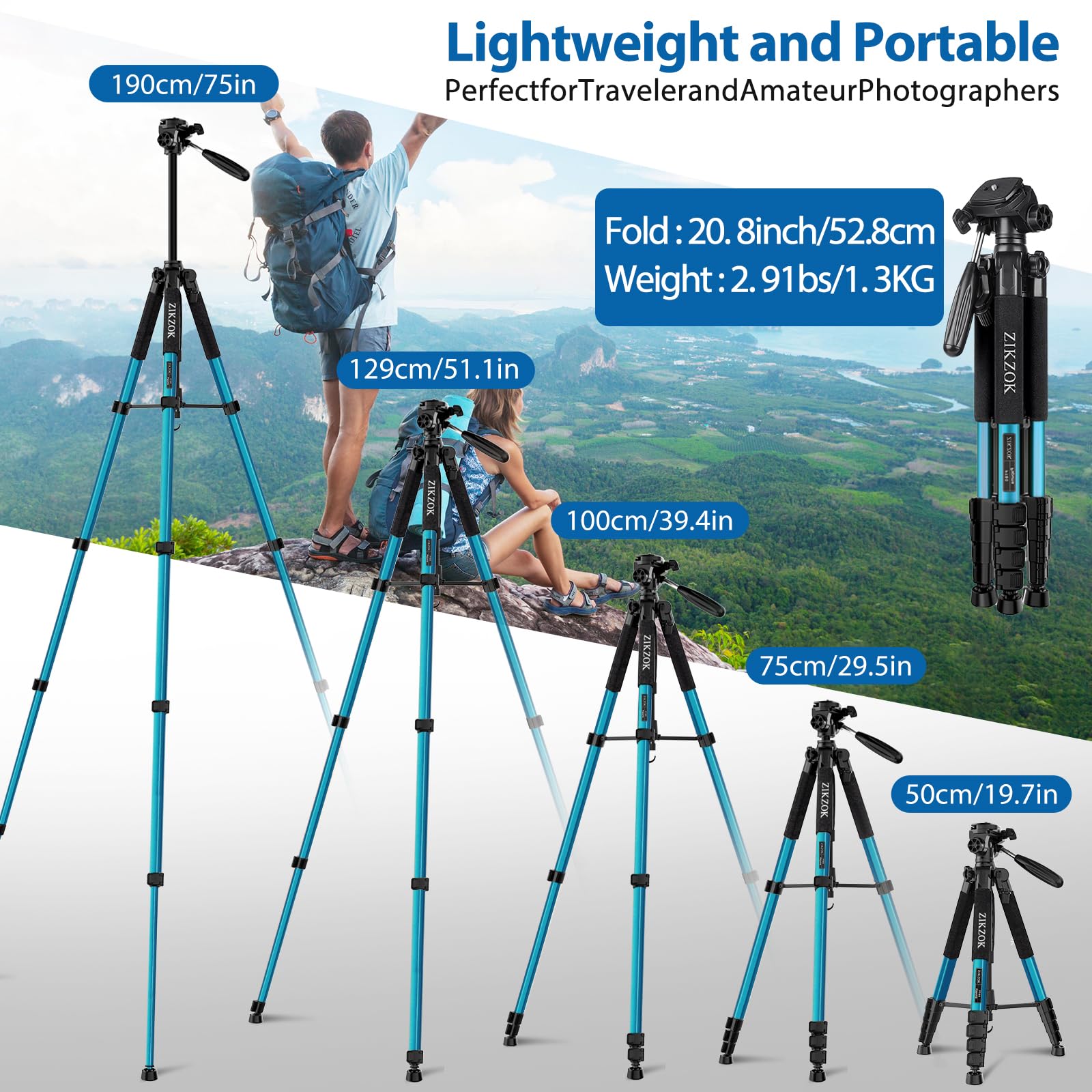Zikzok 75" Heavy Duty Camera Tripod Stand With Bluetooth Remote - Max Load 15Lb, Aluminum Travel Tripod For Dslr/Phone/Tablet/Projector, 3-Way Pan Head & Quick Release Plate, Compact Foldable Design (Blue)