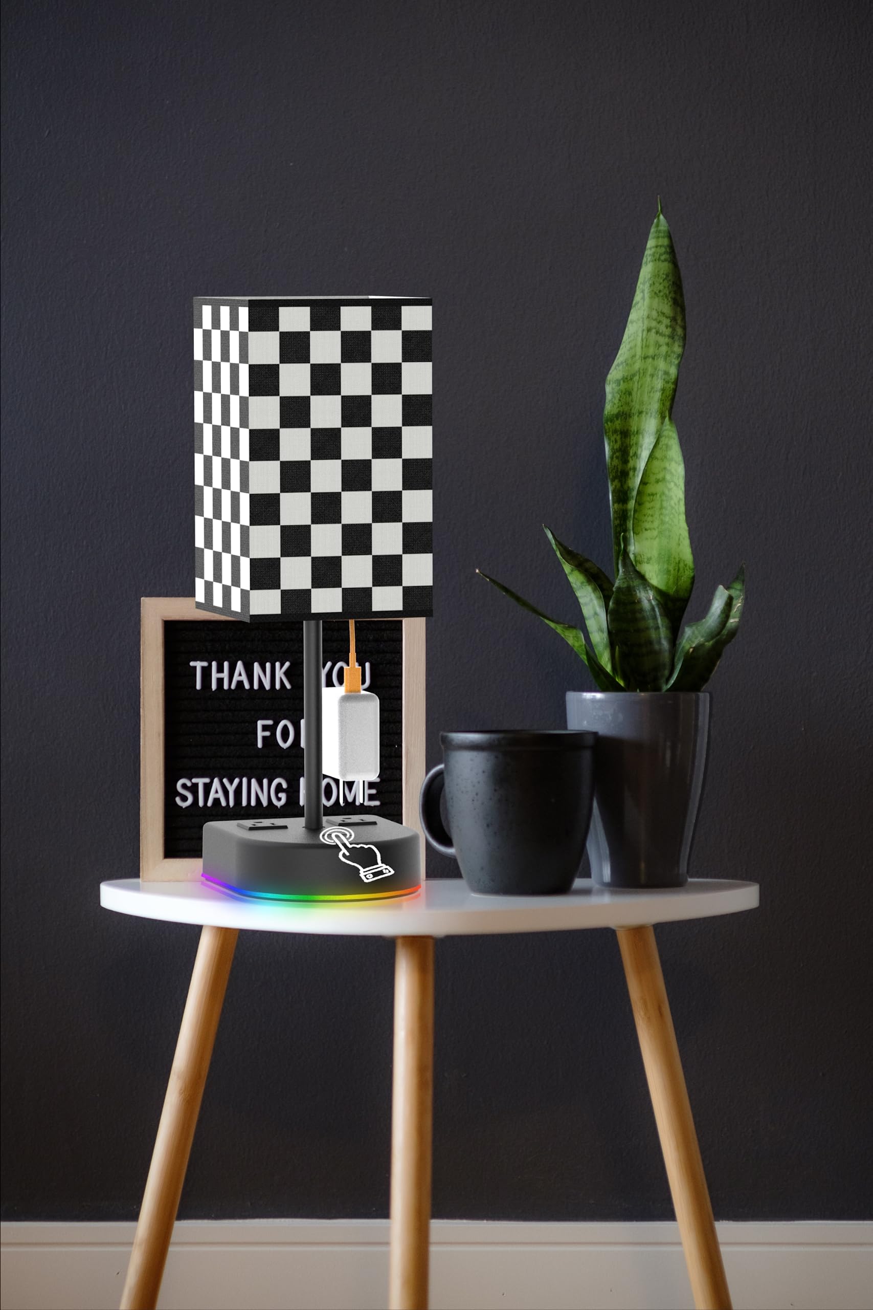 Bgmutcx Touch Control Bedside Table Lamp With 12W Led Light Bulb And Chess Board Fabric Shade,2 Ac Outlet, 3 Color Modes,For Bed Room/Nightstand/Office/Living Room Guest Room
