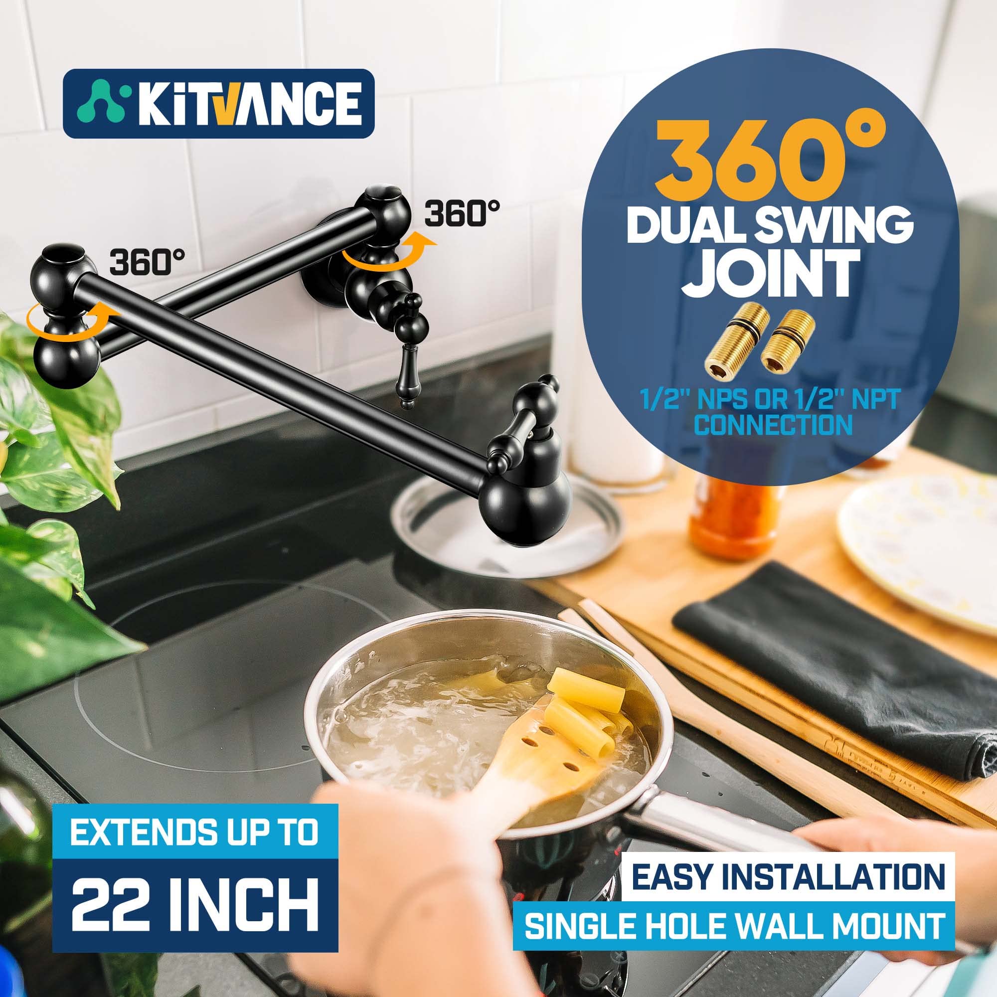 Durtschi Pot Filler Faucet Wall Mount, Matte Black Pot Filler Faucet, Kitchen Sink Pot Filler Faucet, Commercial Brass Pot Filler Faucet, Folding Kitchen Pot Filler Faucet With Double Joint Swing Arms