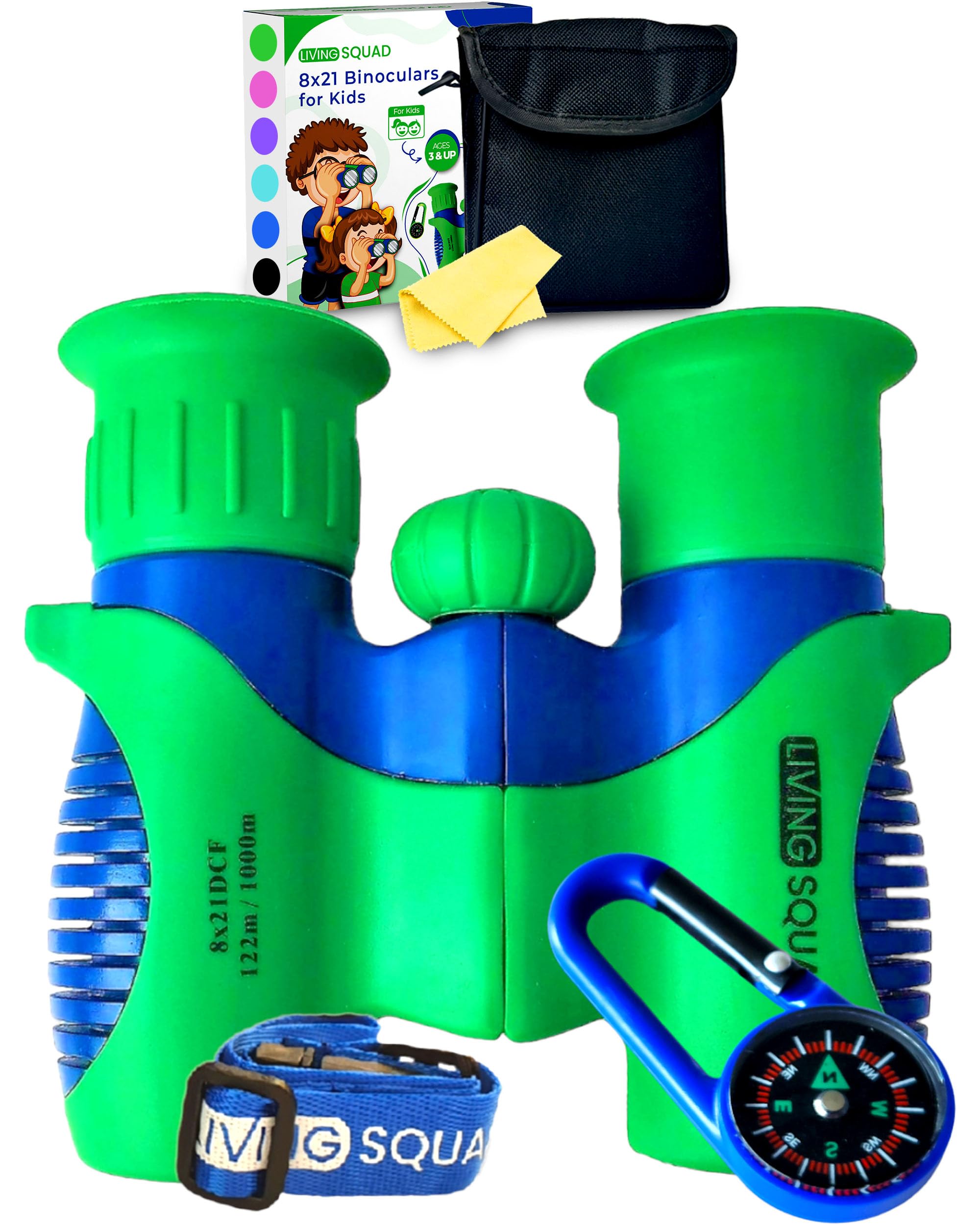 Living Squad Kids Binoculars 8X21- Kids  Aged 3-12, Shock Proof Compact Binoculars For Child Set- Neck Strap, Compass, Carabiner, Case- High-Resolution Optics Boy & Girl  Toy For Bird Watching, Camping
