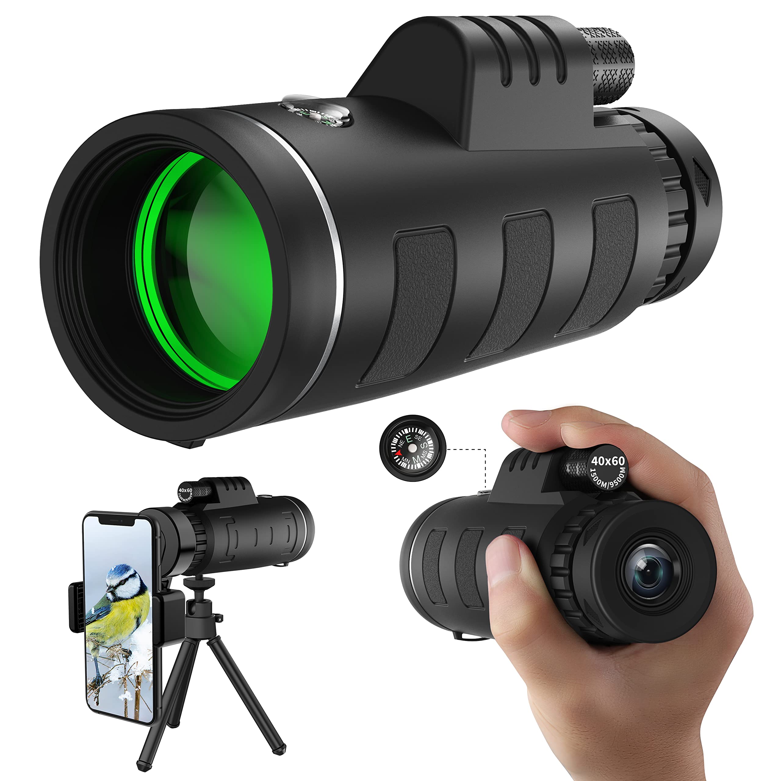 Jiasifu 40X60 High Definition Monocular Telescope With Smartphone Adapter, Bak4 Prism Fmc Monocular With Clear Low Light Vision For Wildlife Hunting Camping Travelling（Ld006-00A-38）