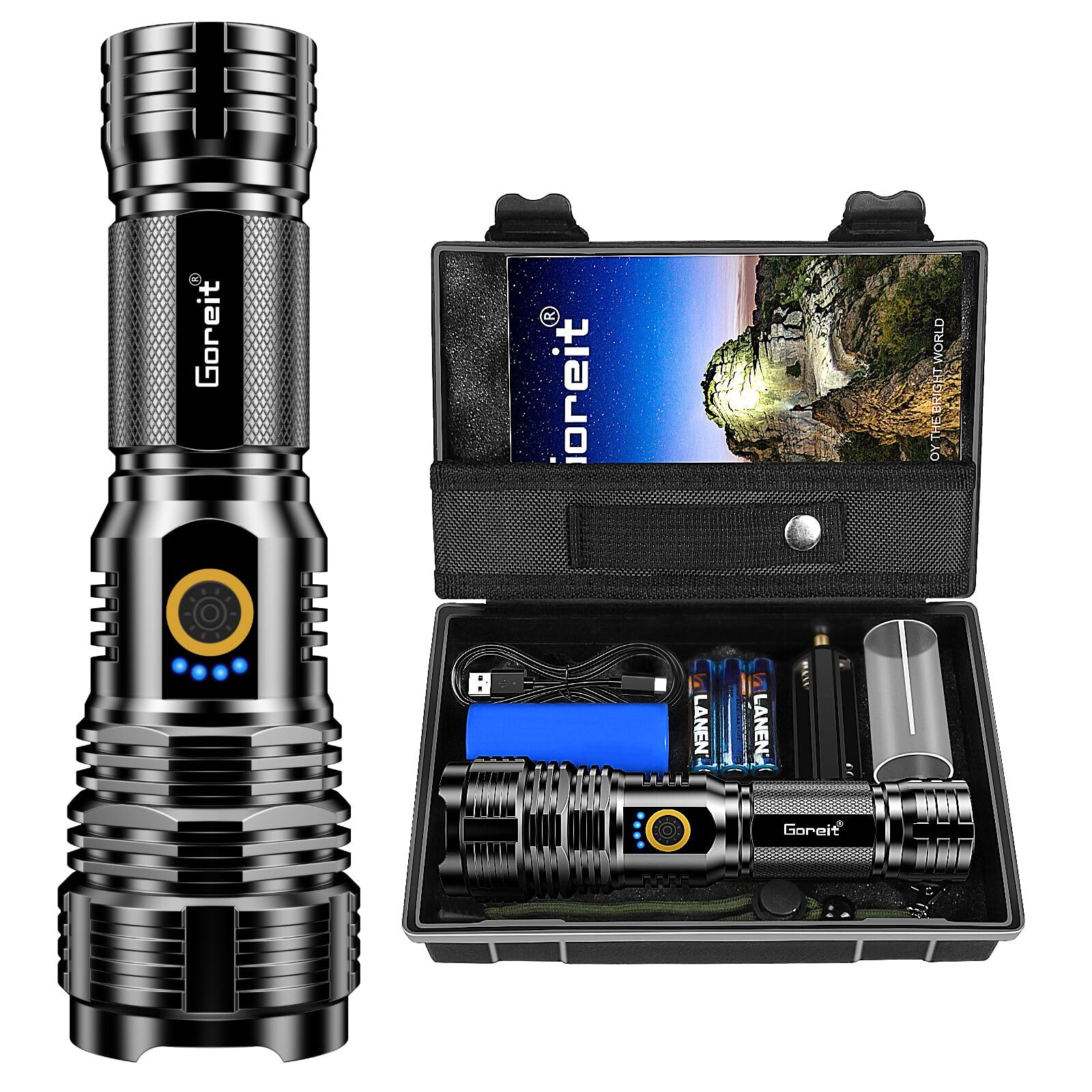 Goreit Flashlights Led High Lumens Rechargeable, 990000 Lumens Xhp70.2 Super Bright Flashlight, Flash Light Battery Powered, Powerful Handheld Flashlight With Holster For Emergency Camping Hiking 