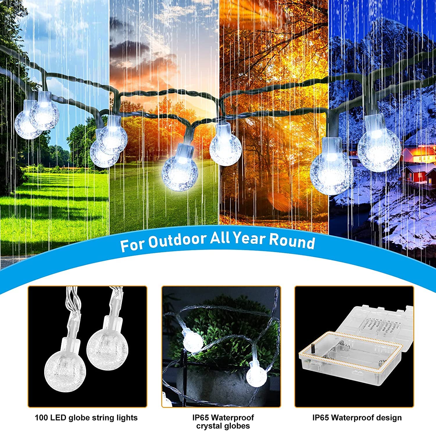 Ryblgled Outdoor String Lights 2 Pack, 66Ft 200Led Battery Operated Waterproof String Lights With Remote, Cool White 8 Modes For Indoor Outdoor Party Wedding Christmas