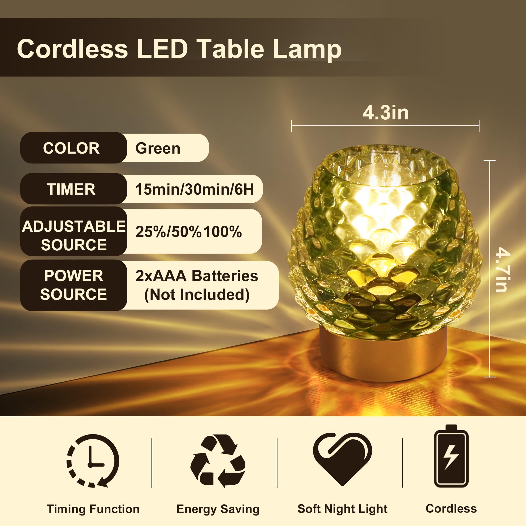 Miubrty Battery Operated Table Lamp With Timer And Remote Control - Elegant Cordless Design For Home Decor, Perfect For Living Room, Bedroom, And Entryway (Green)